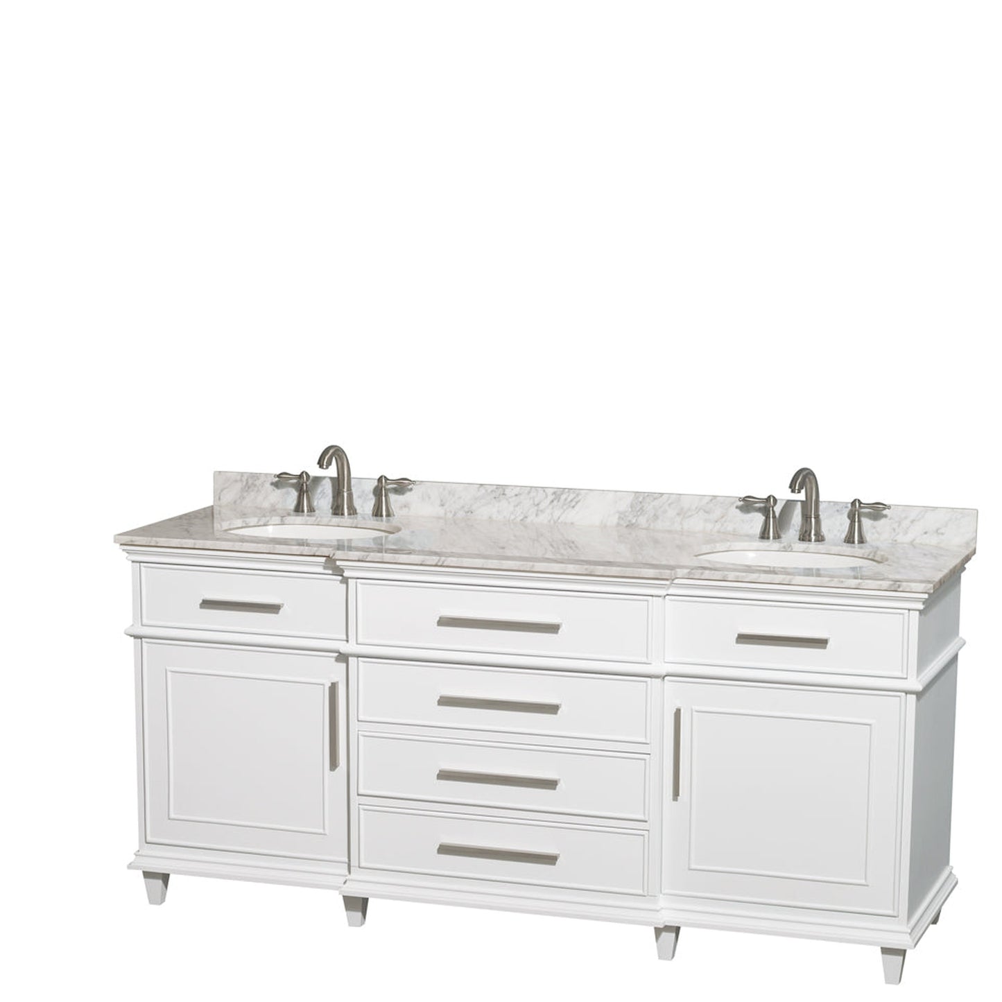 Wyndham Collection Berkeley 72" Double Bathroom Vanity in White, White Carrara Marble Top, White Undermount Oval Sink and No Mirror