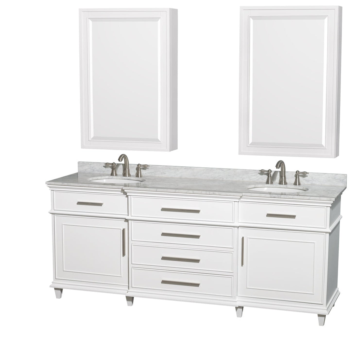 Wyndham Collection Berkeley 80" Double Bathroom Vanity in White, White Carrara Marble Countertop, Undermount Round Sink, 24" Medicine Cabinet