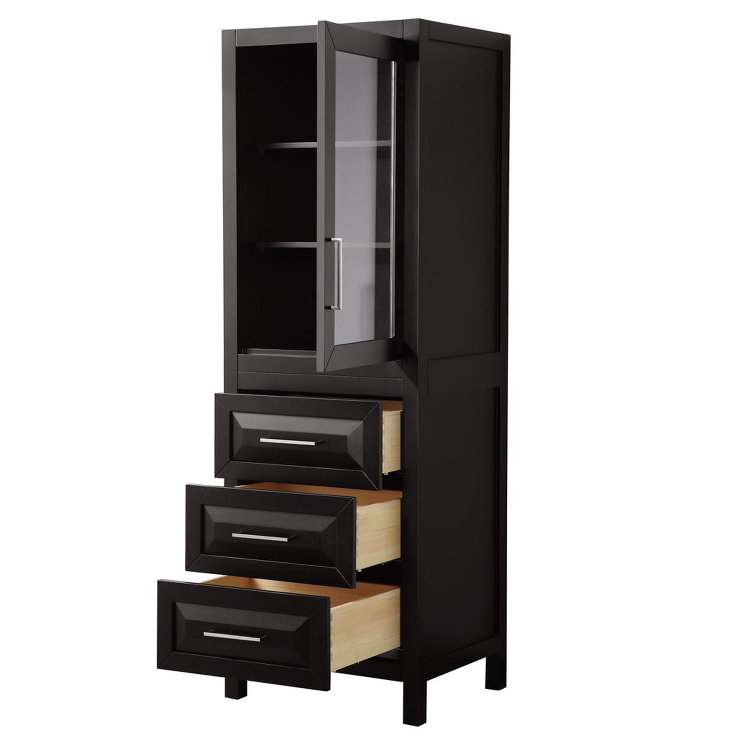 Wyndham Collection Daria Linen Tower in Dark Espresso With Shelved Cabinet Storage and 3 Drawers