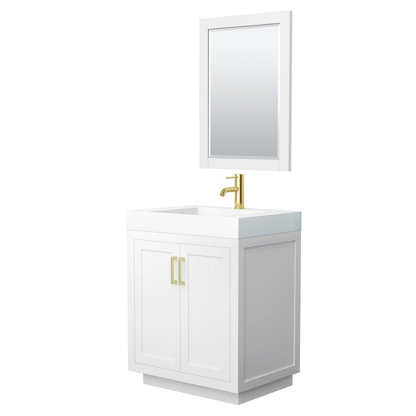 Wyndham Collection Miranda 30" Single Bathroom White Vanity Set With 4" Thick Matte White Solid Surface Countertop, Integrated Sink, 24" Mirror And Brushed Gold Trim