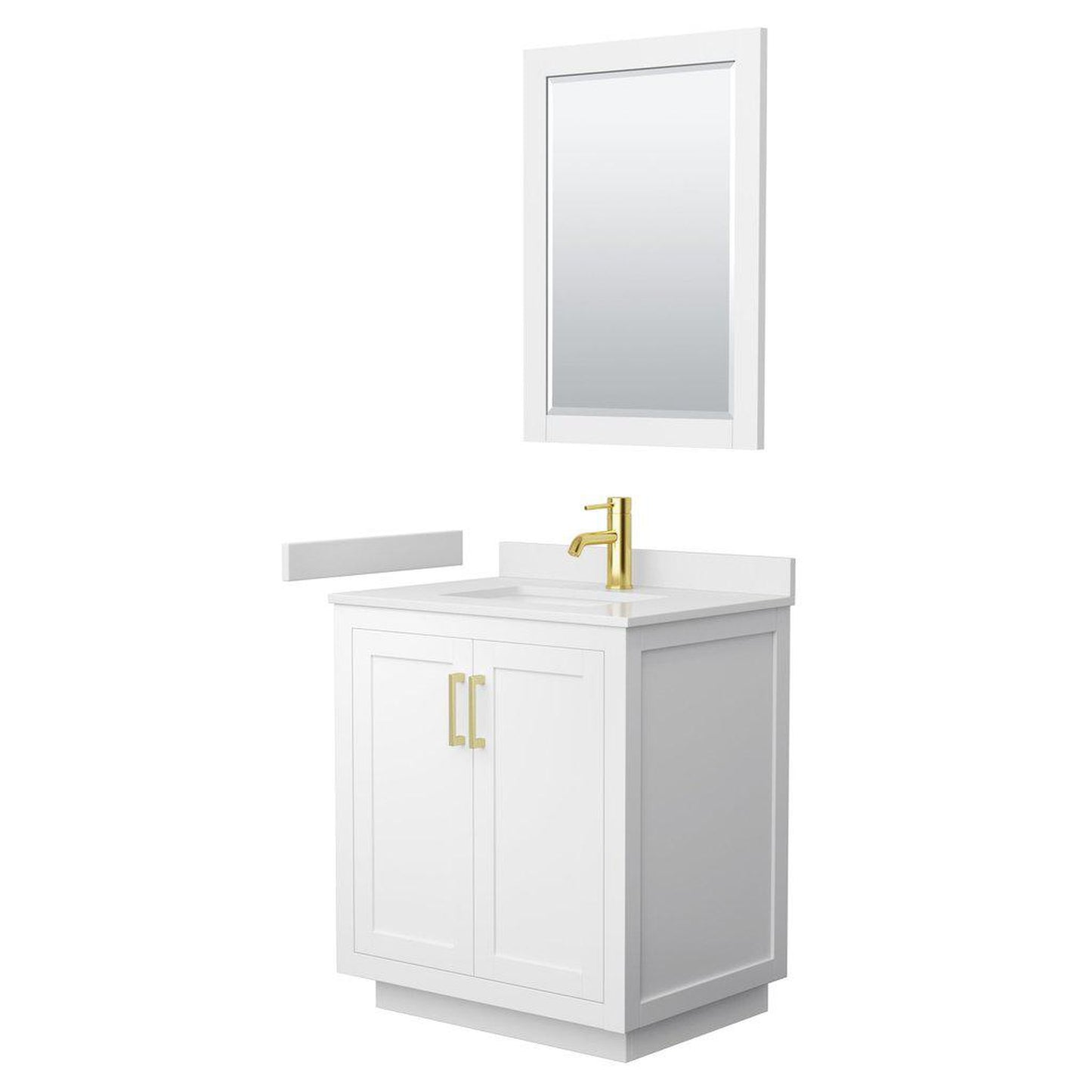 Wyndham Collection Miranda 30" Single Bathroom White Vanity Set With White Cultured Marble Countertop, Undermount Square Sink, 24" Mirror And Brushed Gold Trim