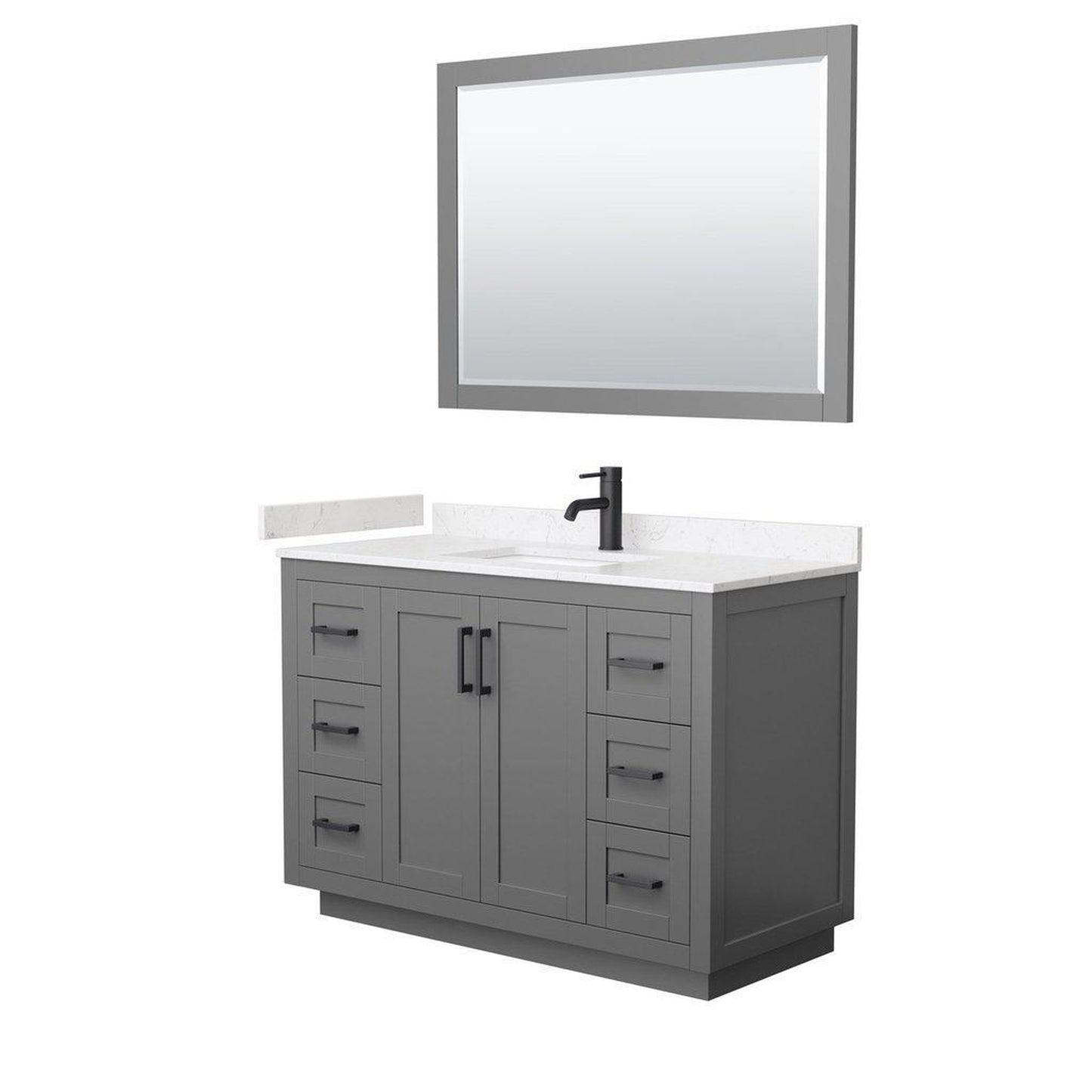 Wyndham Collection Miranda 48" Single Bathroom Dark Gray Vanity Set With Light-Vein Carrara Cultured Marble Countertop, Undermount Square Sink, 46" Mirror And Matte Black Trim