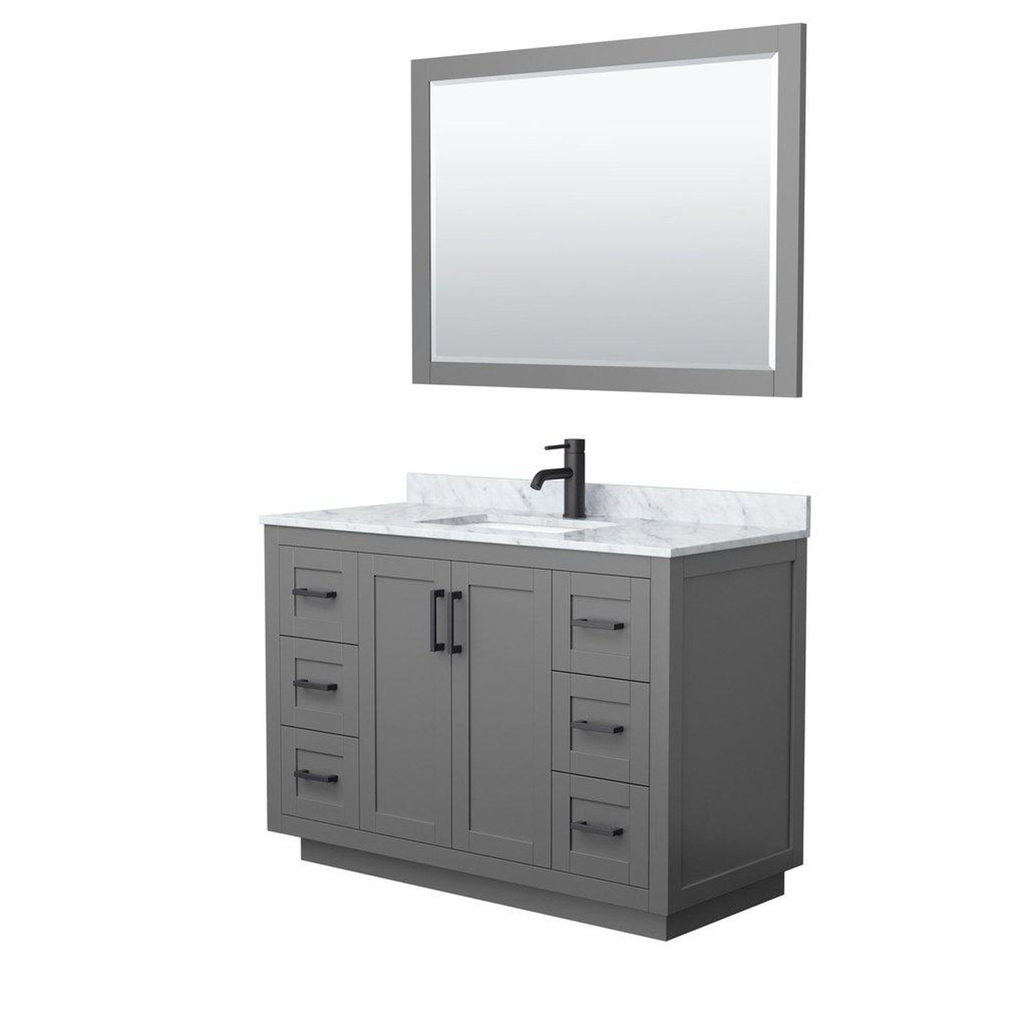 Wyndham Collection Miranda 48" Single Bathroom Dark Gray Vanity Set With White Carrara Marble Countertop, Undermount Square Sink, 46" Mirror And Matte Black Trim