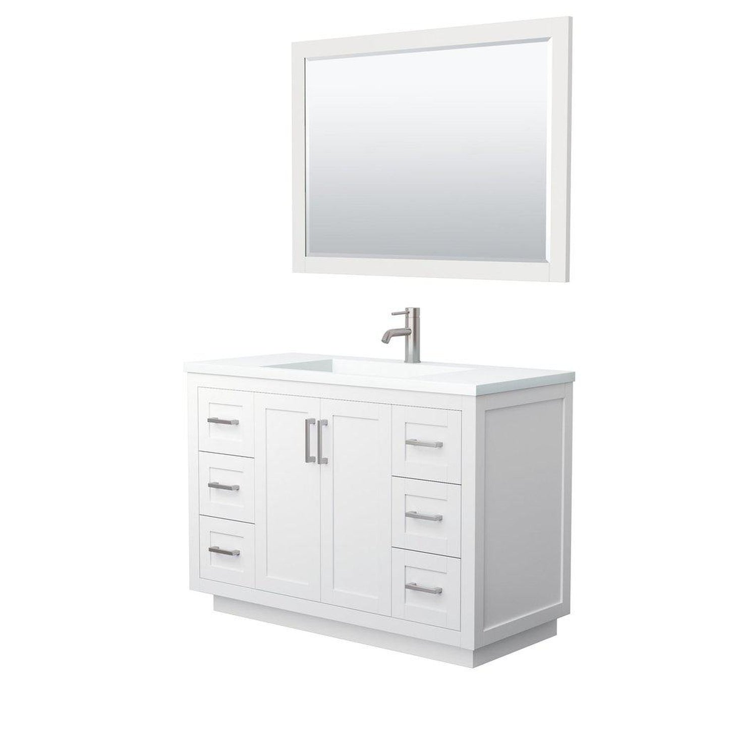 Wyndham Collection Miranda 48" Single Bathroom White Vanity Set With 1.25" Thick Matte White Solid Surface Countertop, Integrated Sink, 46" Mirror And Brushed Nickel Trim