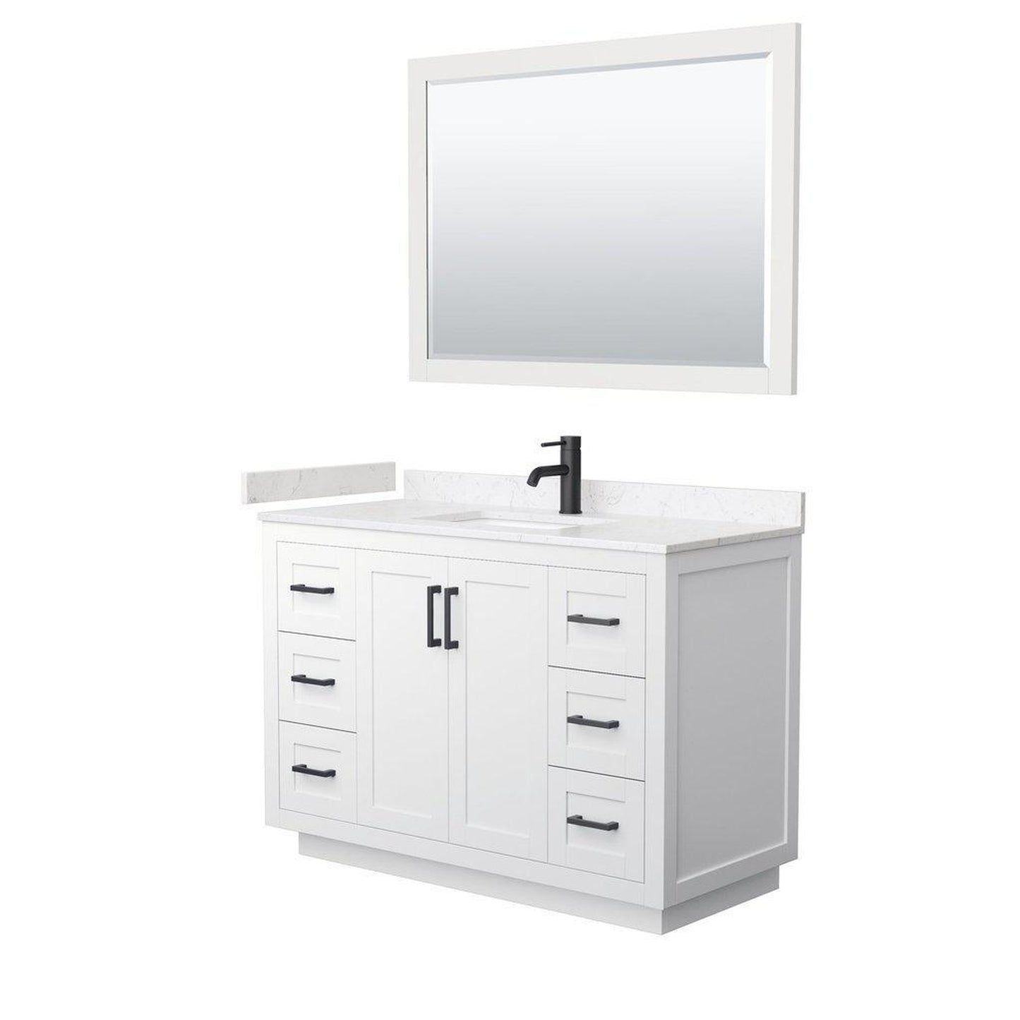 Wyndham Collection Miranda 48" Single Bathroom White Vanity Set With Light-Vein Carrara Cultured Marble Countertop, Undermount Square Sink, 46" Mirror And Matte Black Trim