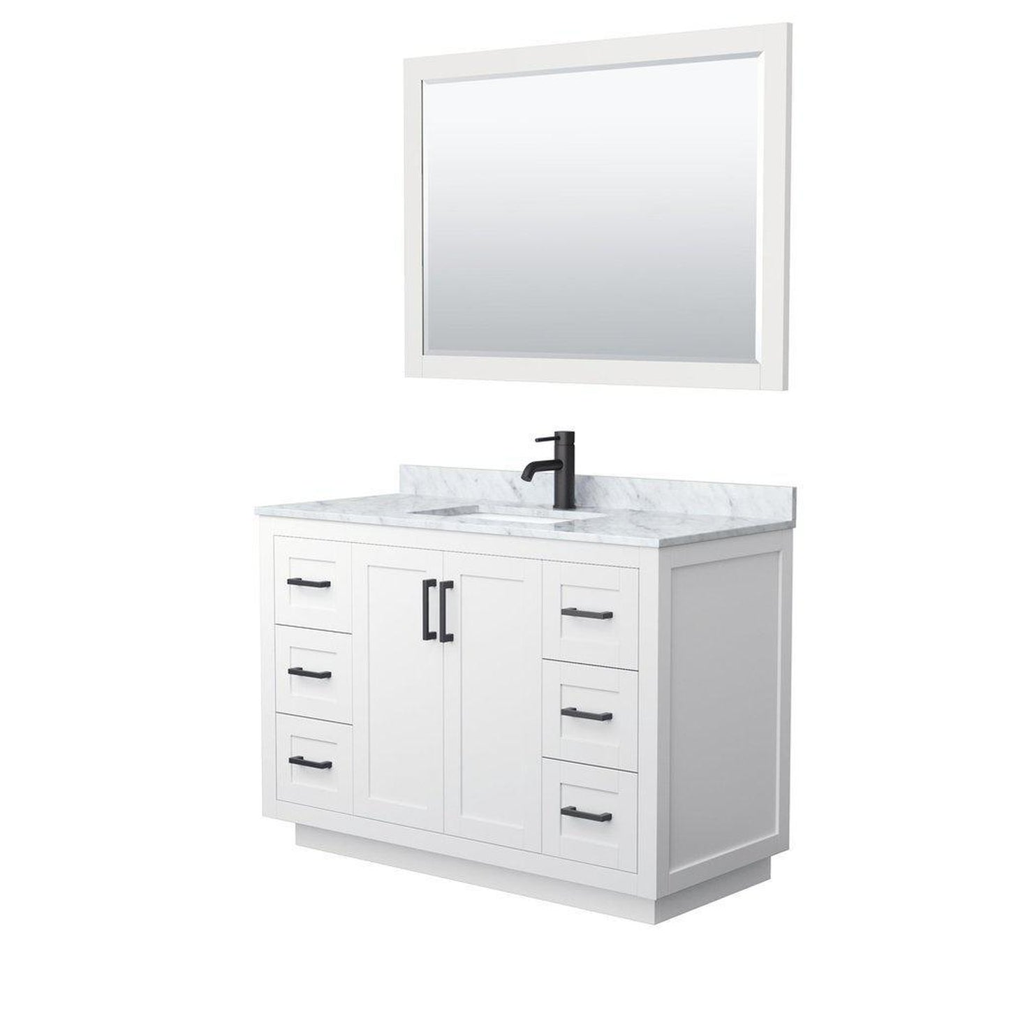 Wyndham Collection Miranda 48" Single Bathroom White Vanity Set With White Carrara Marble Countertop, Undermount Square Sink, 46" Mirror And Matte Black Trim