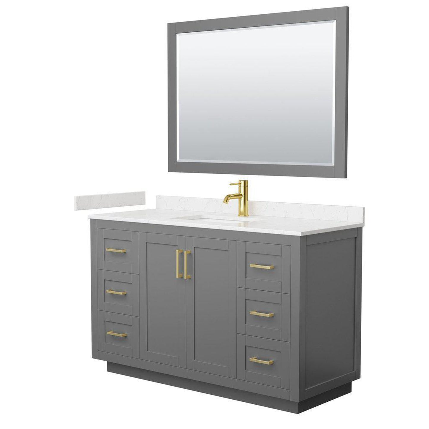 Wyndham Collection Miranda 54" Single Bathroom Dark Gray Vanity Set With Light-Vein Carrara Cultured Marble Countertop, Undermount Square Sink, 46" Mirror And Brushed Gold Trim