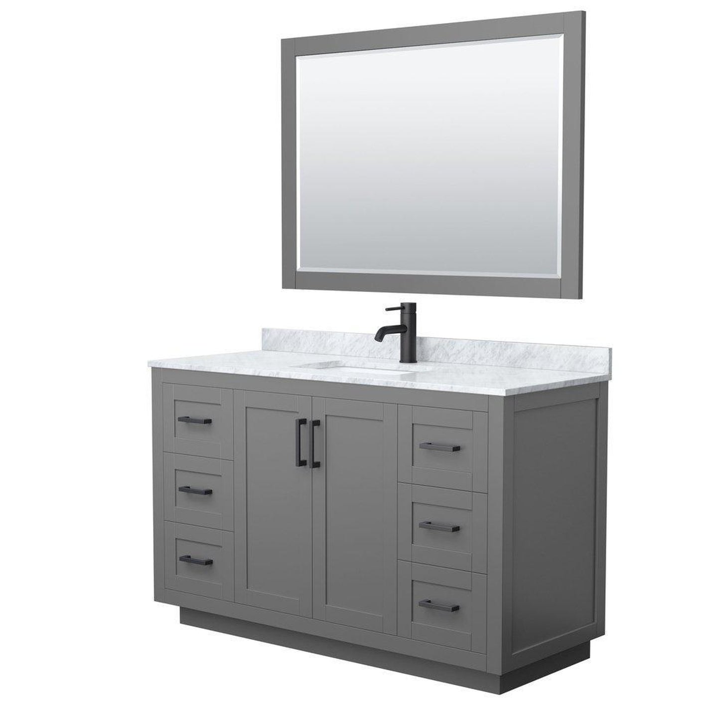 Wyndham Collection Miranda 54" Single Bathroom Dark Gray Vanity Set With White Carrara Marble Countertop, Undermount Square Sink, 46" Mirror And Matte Black Trim