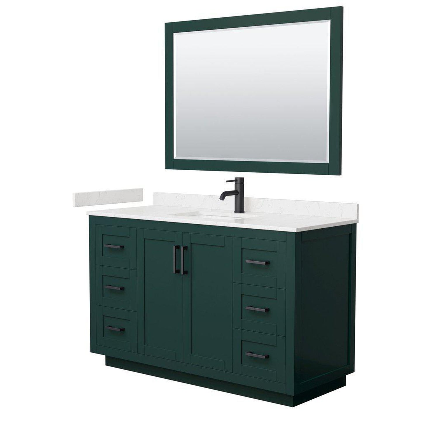 Wyndham Collection Miranda 54" Single Bathroom Green Vanity Set With Light-Vein Carrara Cultured Marble Countertop, Undermount Square Sink, 46" Mirror And Matte Black Trim