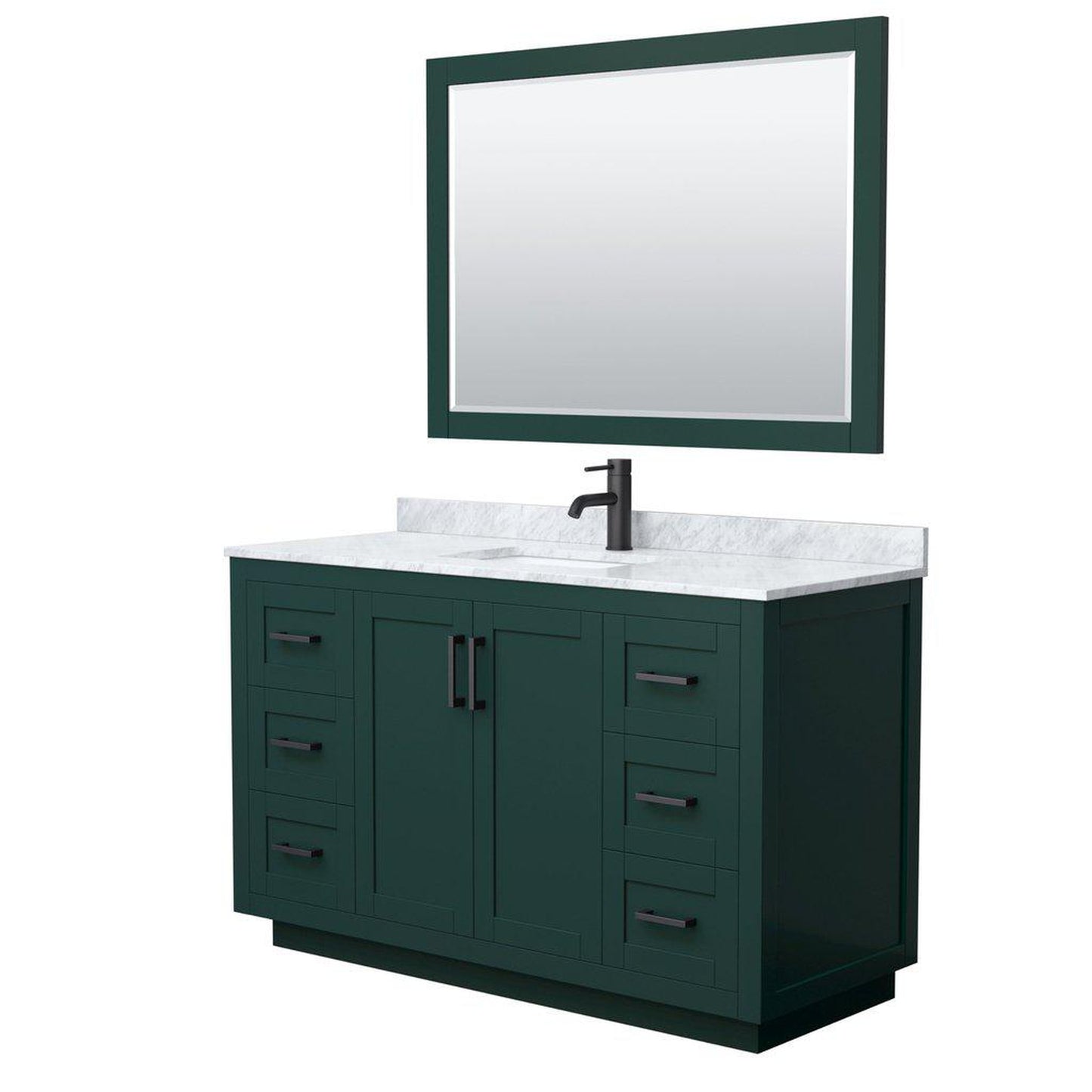 Wyndham Collection Miranda 54" Single Bathroom Green Vanity Set With White Carrara Marble Countertop, Undermount Square Sink, 46" Mirror And Matte Black Trim