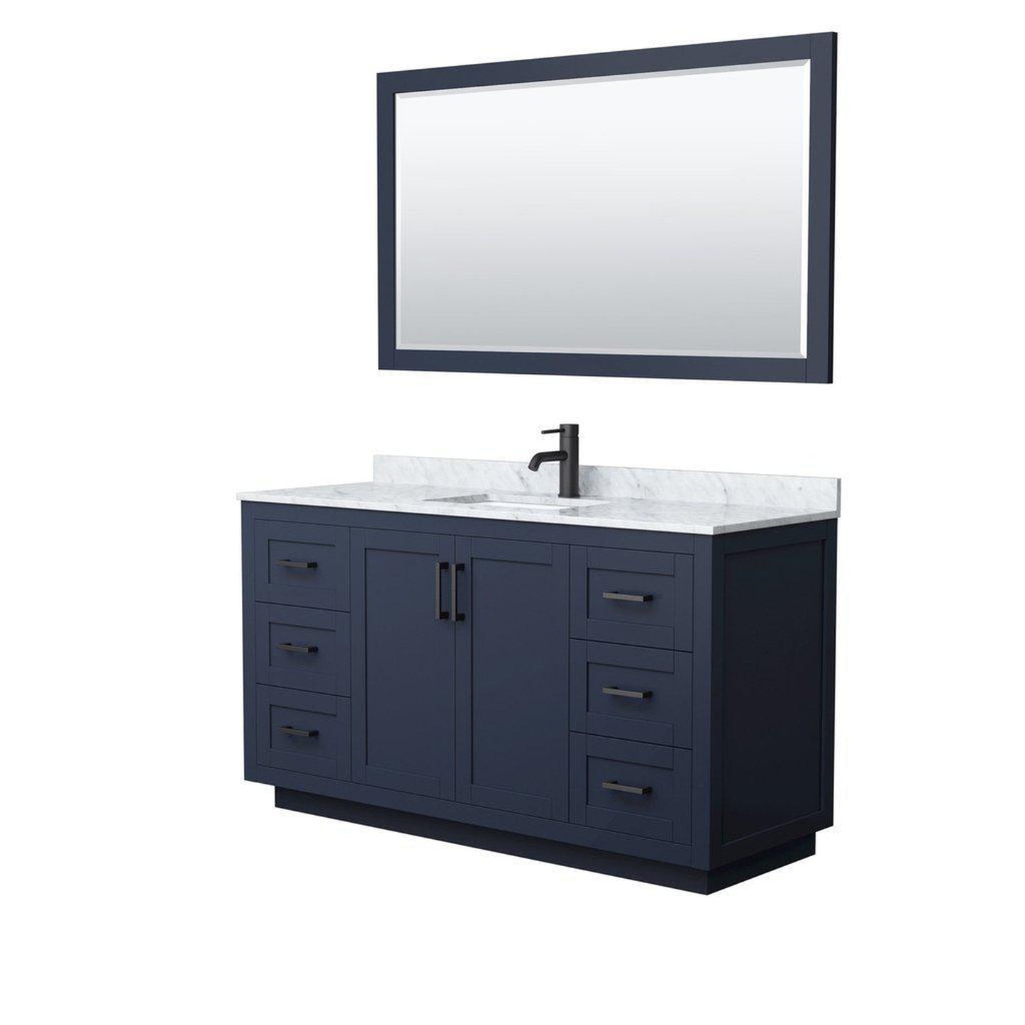 Wyndham Collection Miranda 60" Single Bathroom Dark Blue Vanity Set With White Carrara Marble Countertop, Undermount Square Sink, 58" Mirror And Matte Black Trim