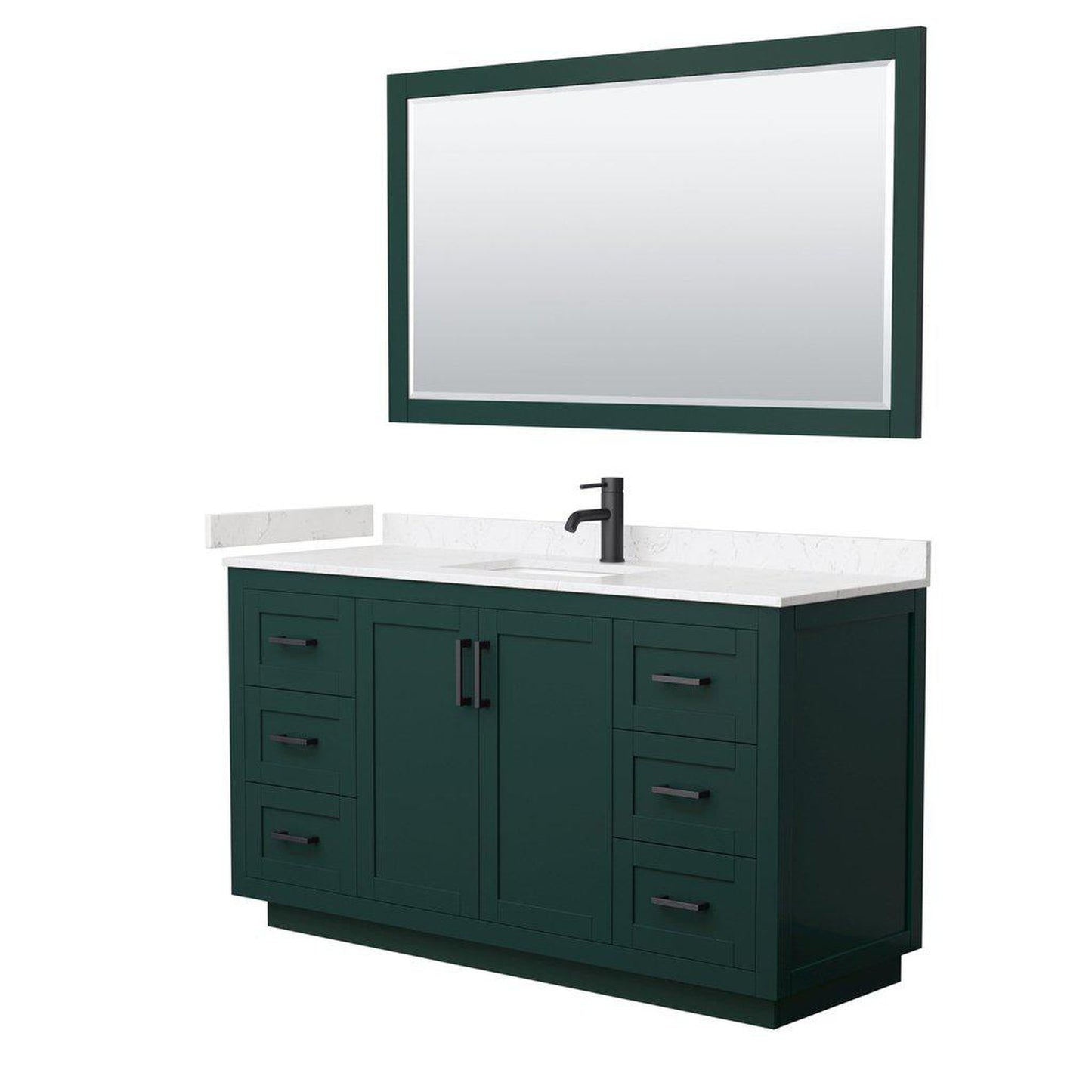 Wyndham Collection Miranda 60" Single Bathroom Green Vanity Set With Light-Vein Carrara Cultured Marble Countertop, Undermount Square Sink, 58" Mirror And Matte Black Trim