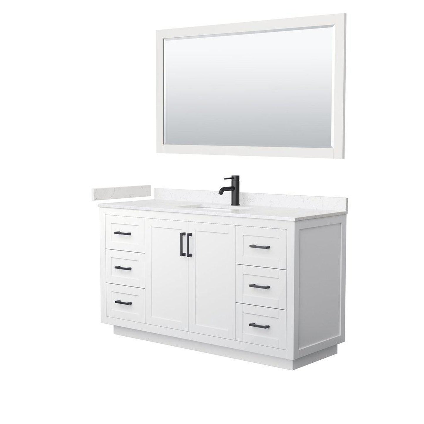 Wyndham Collection Miranda 60" Single Bathroom White Vanity Set With Light-Vein Carrara Cultured Marble Countertop, Undermount Square Sink, 58" Mirror And Matte Black Trim