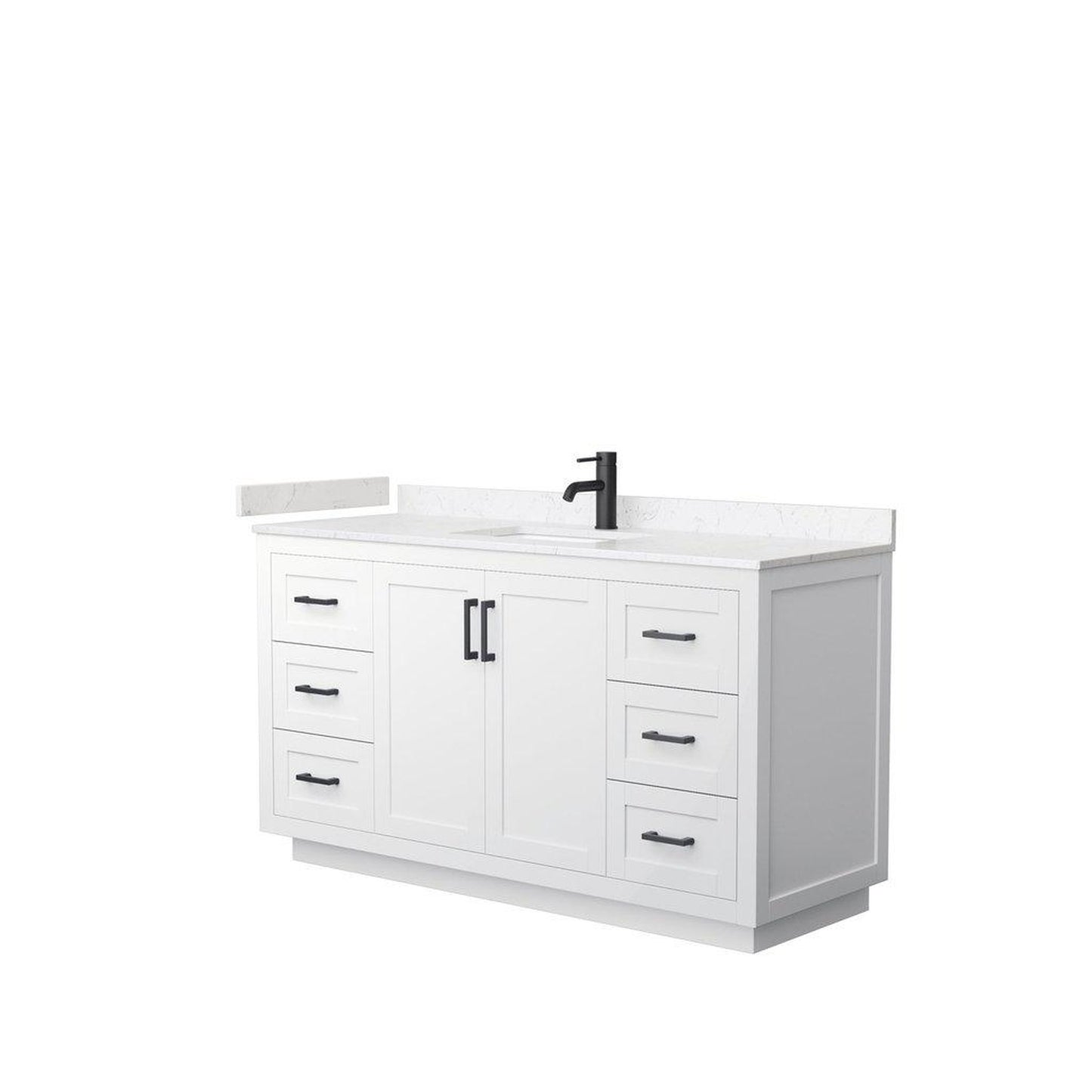 Wyndham Collection Miranda 60" Single Bathroom White Vanity Set With Light-Vein Carrara Cultured Marble Countertop, Undermount Square Sink, And Matte Black Trim