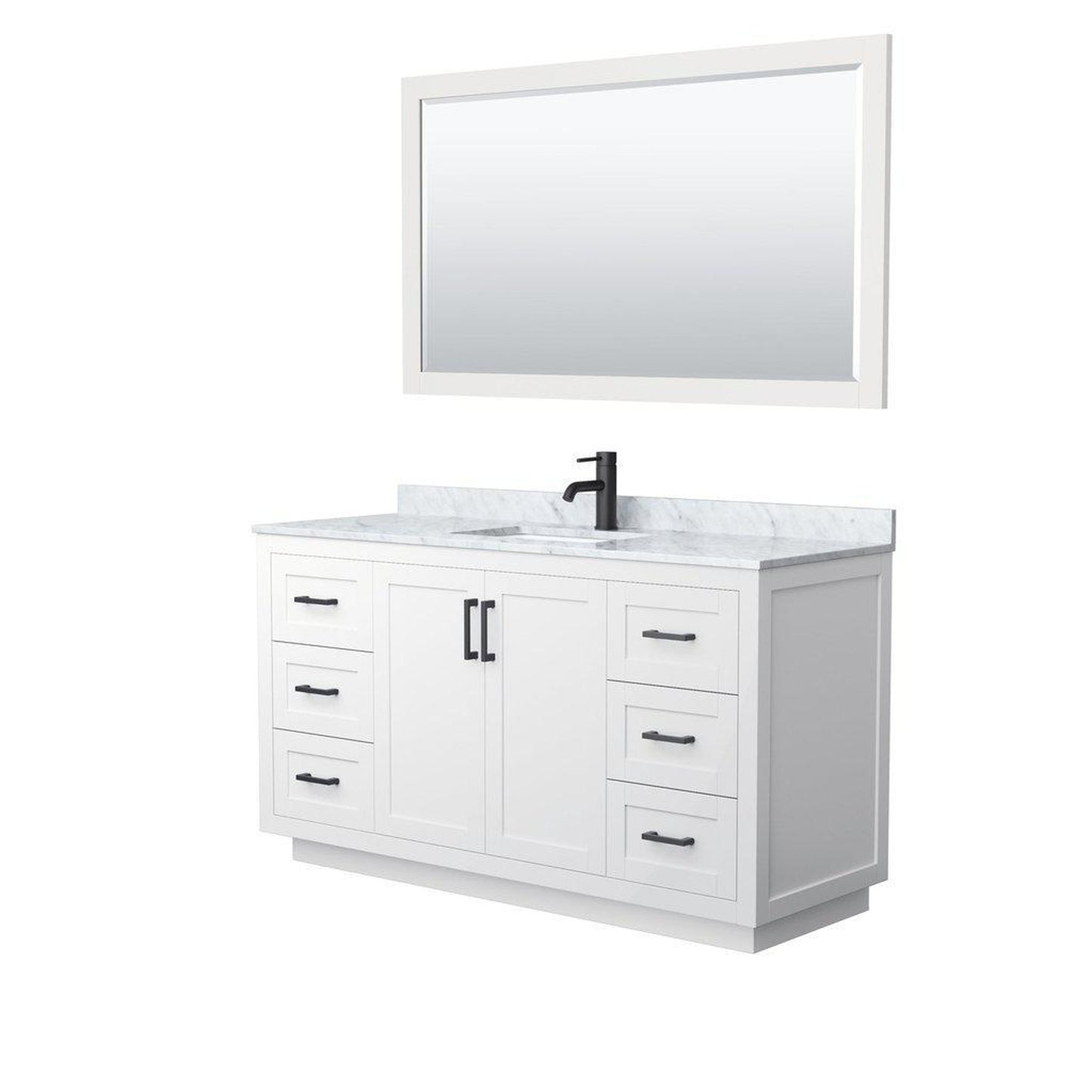 Wyndham Collection Miranda 60" Single Bathroom White Vanity Set With White Carrara Marble Countertop, Undermount Square Sink, 58" Mirror And Matte Black Trim