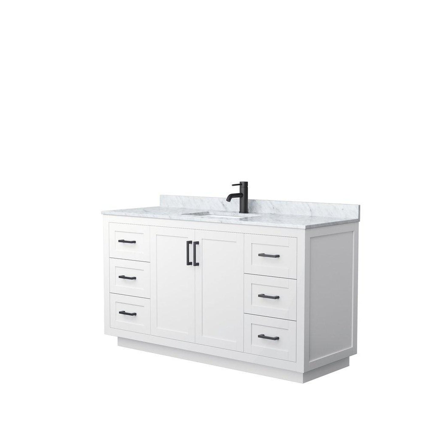 Wyndham Collection Miranda 60" Single Bathroom White Vanity Set With White Carrara Marble Countertop, Undermount Square Sink, And Matte Black Trim