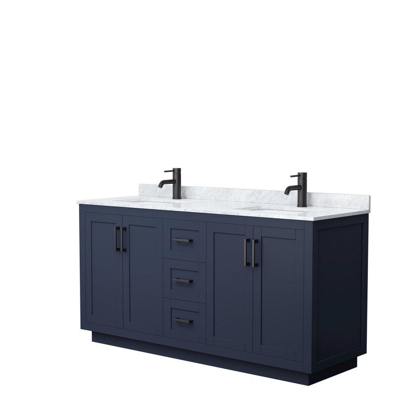 Wyndham Collection Miranda 66" Double Bathroom Dark Blue Vanity Set With White Carrara Marble Countertop, Undermount Square Sink, And Matte Black Trim