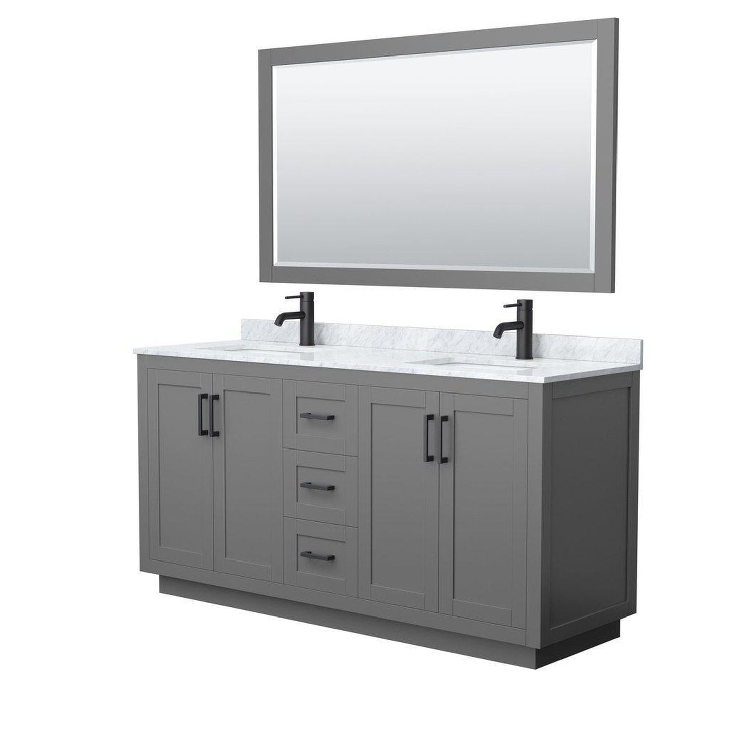 Wyndham Collection Miranda 66" Double Bathroom Dark Gray Vanity Set With White Carrara Marble Countertop, Undermount Square Sink, 58" Mirror And Matte Black Trim