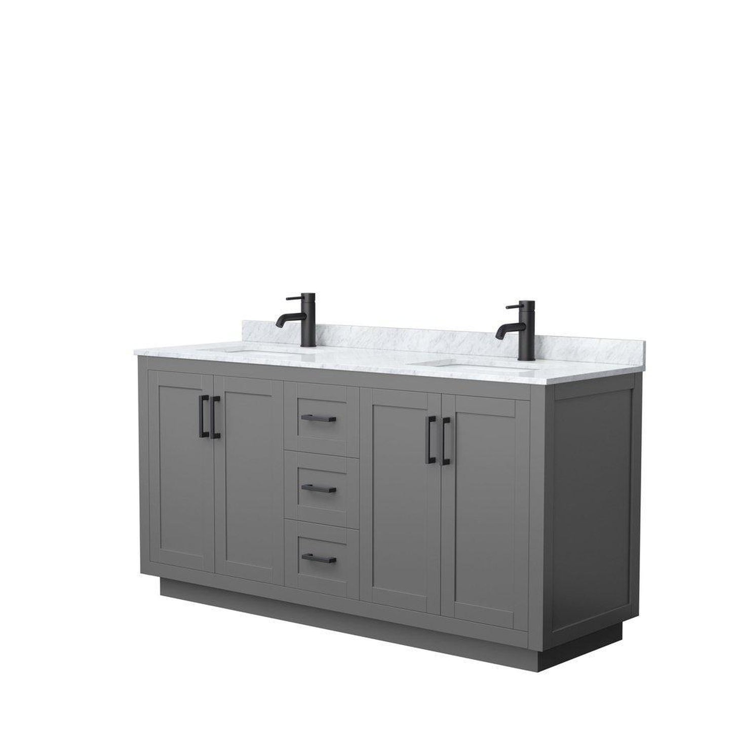 Wyndham Collection Miranda 66" Double Bathroom Dark Gray Vanity Set With White Carrara Marble Countertop, Undermount Square Sink, And Matte Black Trim
