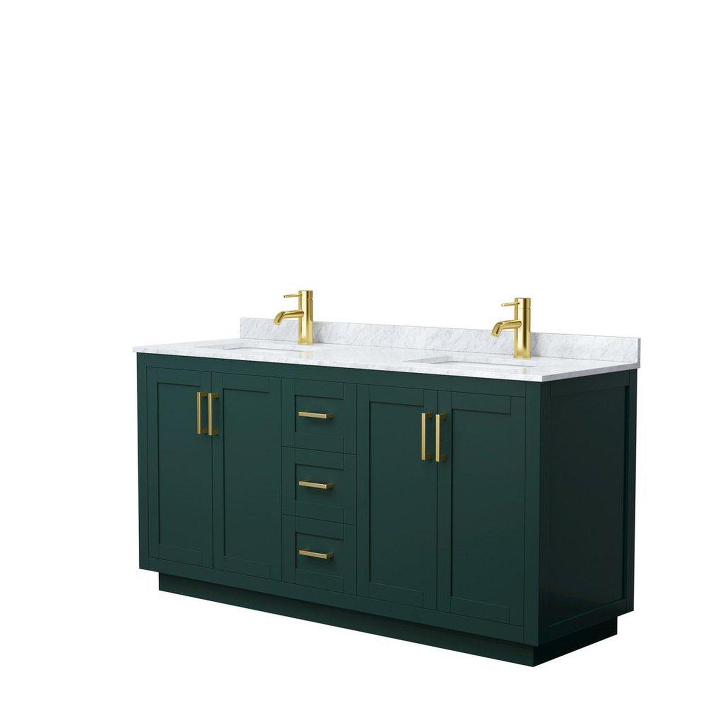 Wyndham Collection Miranda 66" Double Bathroom Green Vanity Set With White Carrara Marble Countertop, Undermount Square Sink, And Brushed Gold Trim