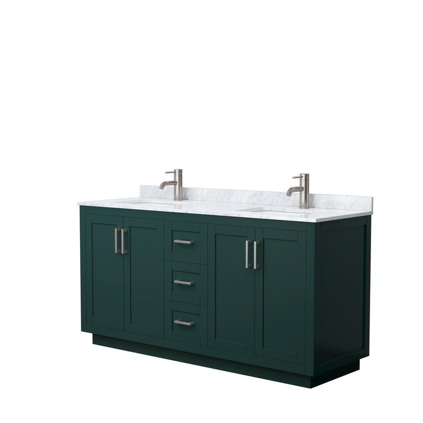 Wyndham Collection Miranda 66" Double Bathroom Green Vanity Set With White Carrara Marble Countertop, Undermount Square Sink, And Brushed Nickel Trim