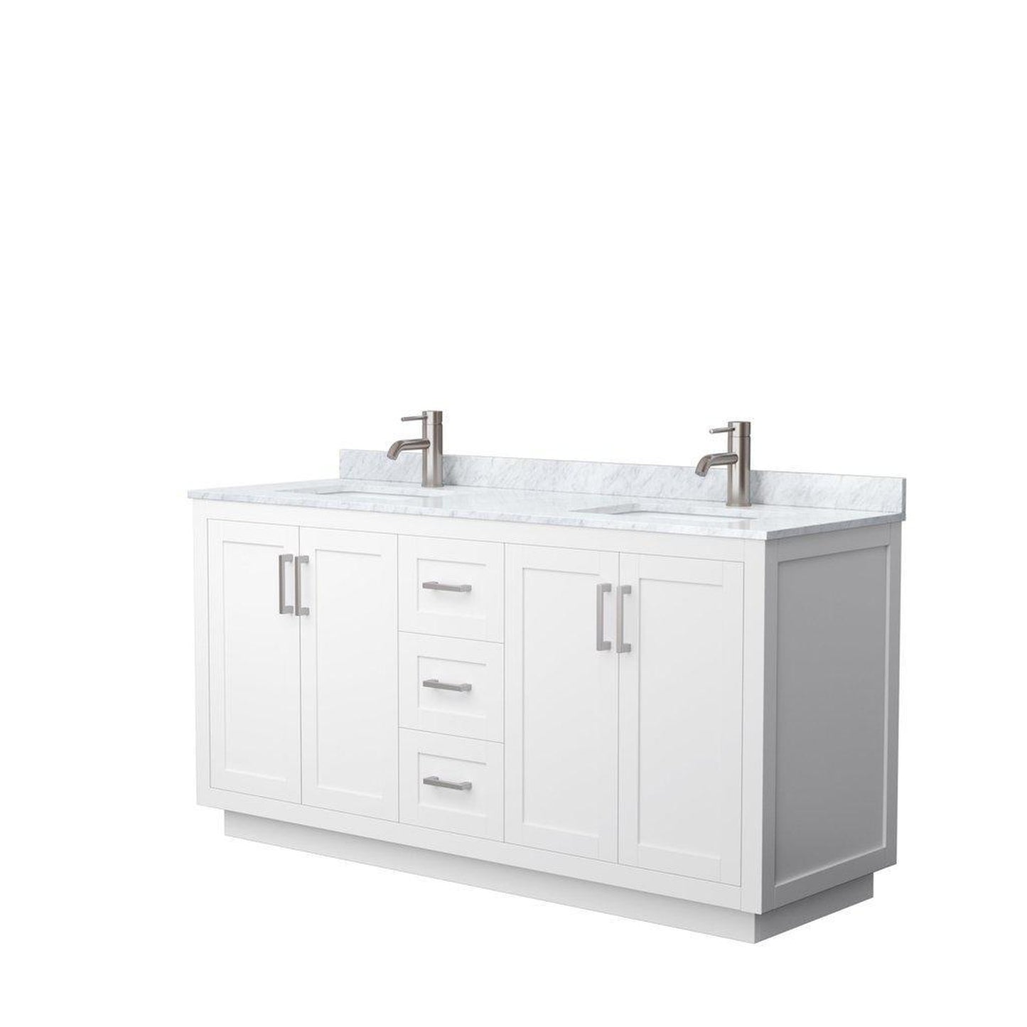 Wyndham Collection Miranda 66" Double Bathroom White Vanity Set With White Carrara Marble Countertop, Undermount Square Sink, And Brushed Nickel Trim