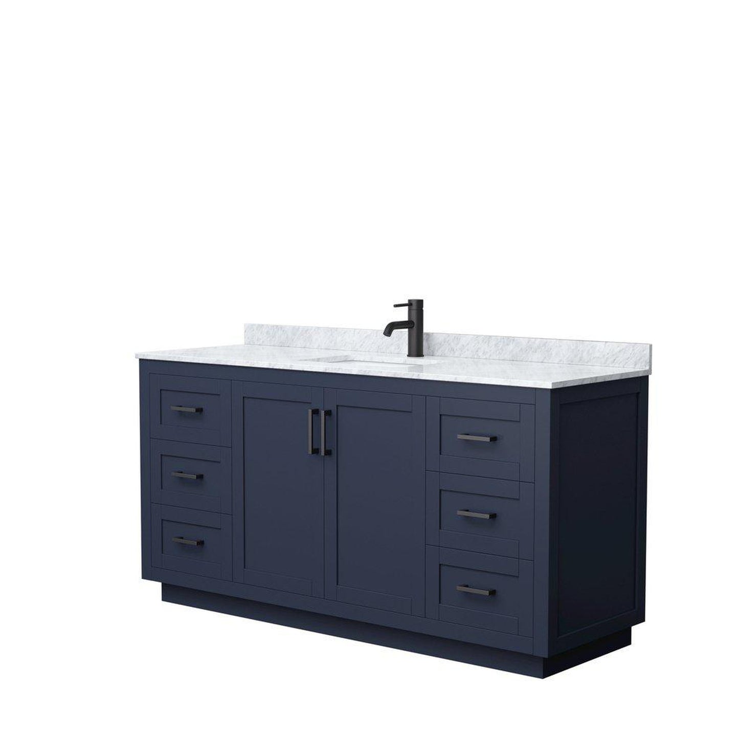 Wyndham Collection Miranda 66" Single Bathroom Dark Blue Vanity Set With White Carrara Marble Countertop, Undermount Square Sink, And Matte Black Trim