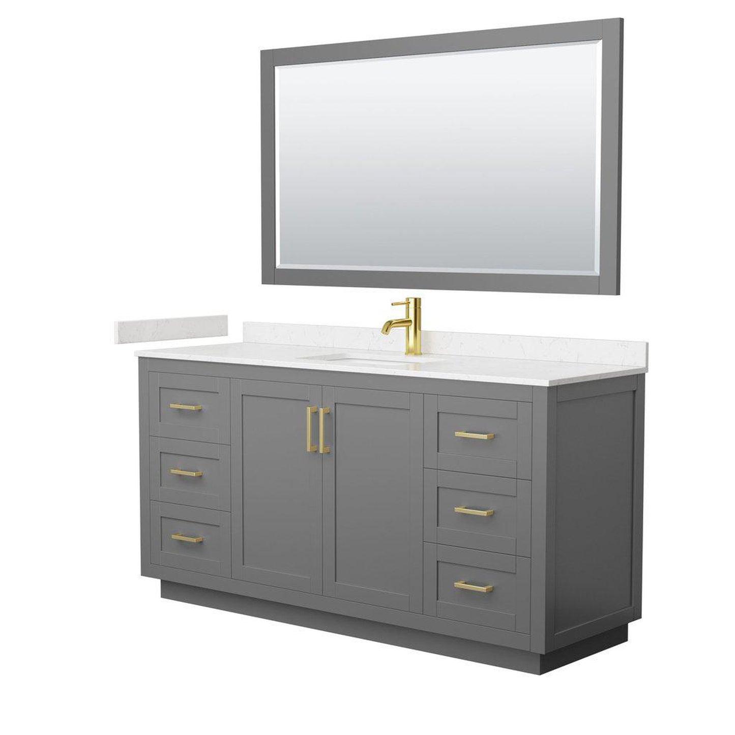 Wyndham Collection Miranda 66" Single Bathroom Dark Gray Vanity Set With Light-Vein Carrara Cultured Marble Countertop, Undermount Square Sink, 58" Mirror And Brushed Gold Trim