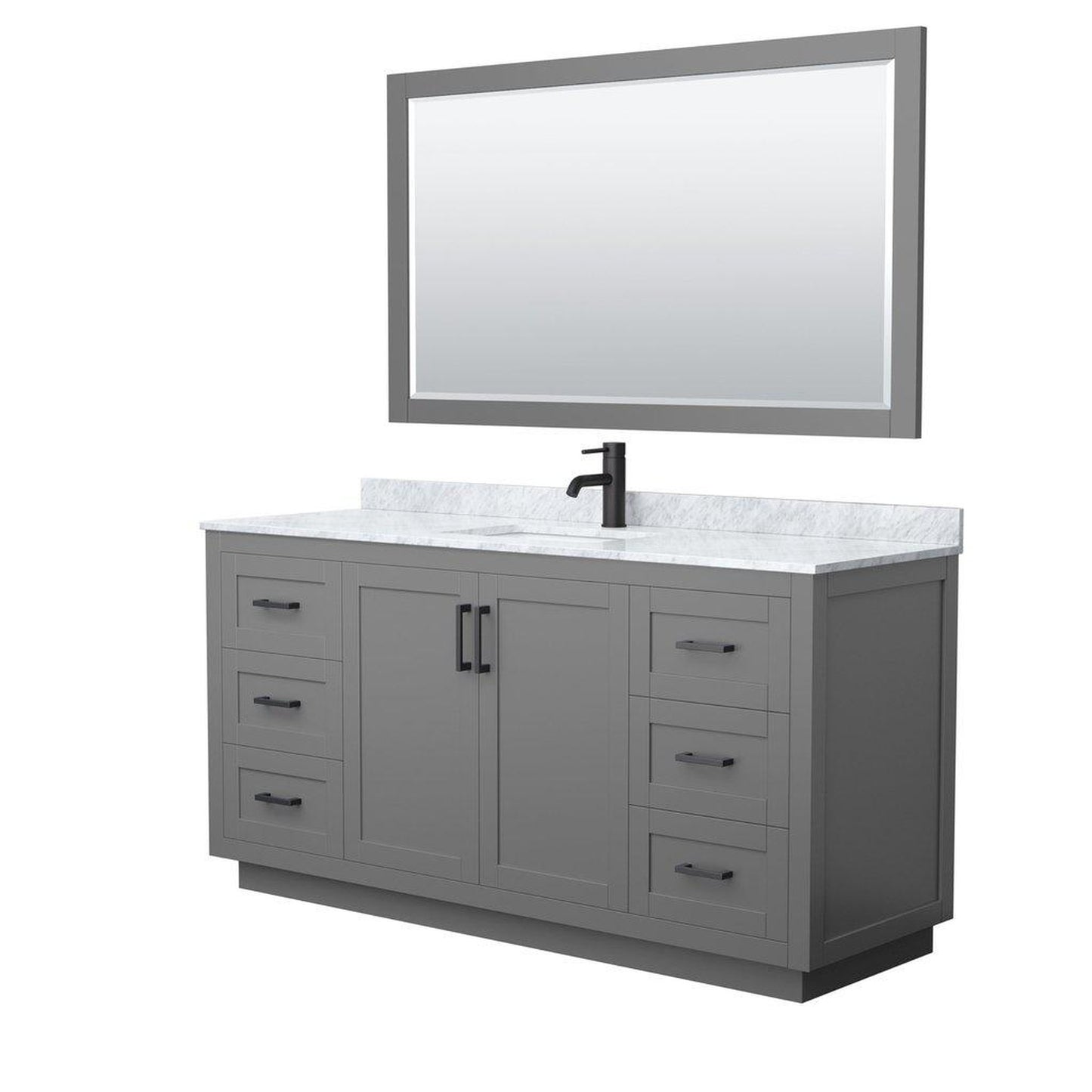 Wyndham Collection Miranda 66" Single Bathroom Dark Gray Vanity Set With White Carrara Marble Countertop, Undermount Square Sink, 58" Mirror And Matte Black Trim