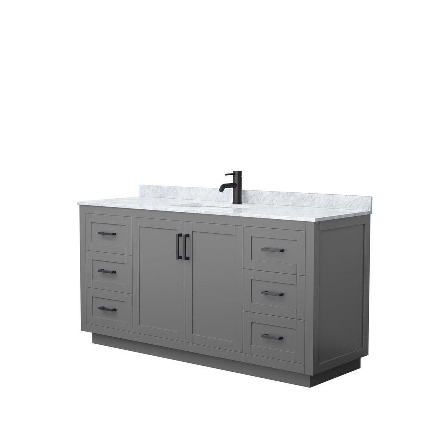 Wyndham Collection Miranda 66" Single Bathroom Dark Gray Vanity Set With White Carrara Marble Countertop, Undermount Square Sink, And Matte Black Trim