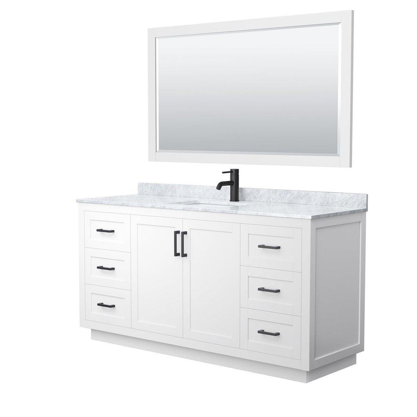 Wyndham Collection Miranda 66" Single Bathroom White Vanity Set With White Carrara Marble Countertop, Undermount Square Sink, 58" Mirror And Matte Black Trim