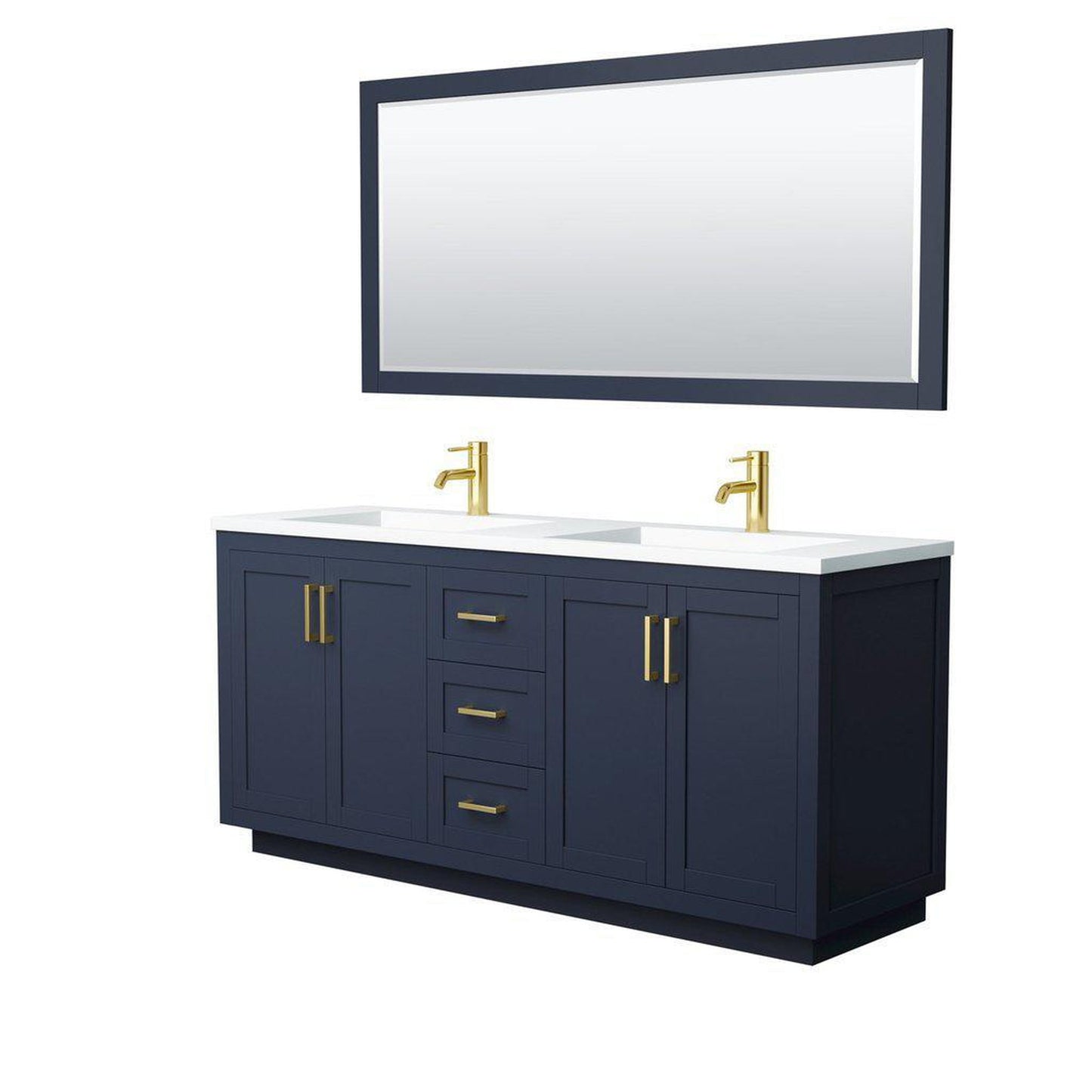 Wyndham Collection Miranda 72" Double Bathroom Dark Blue Vanity Set With 1.25" Thick Matte White Solid Surface Countertop, Integrated Sink, 70" Mirror And Brushed Gold Trim