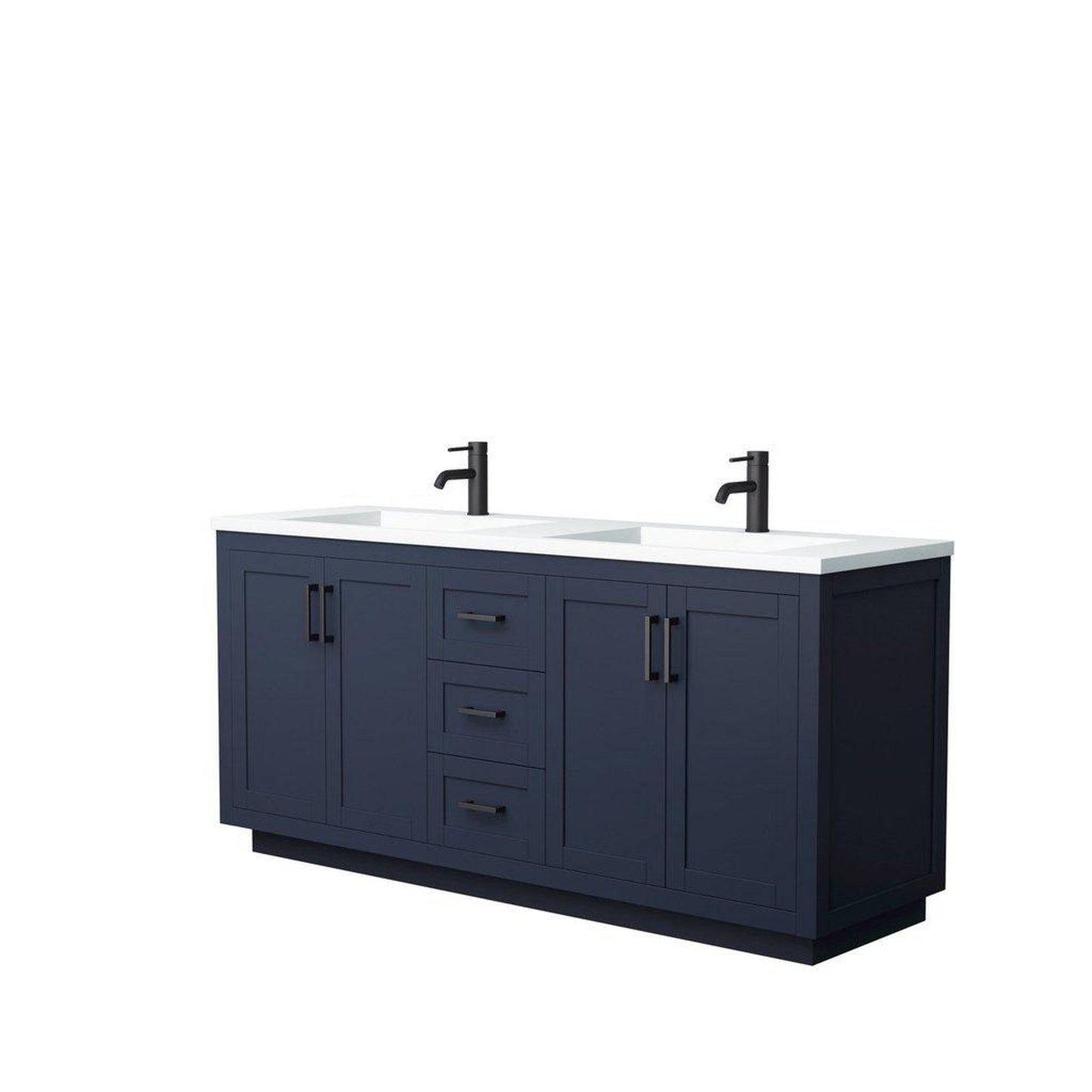 Wyndham Collection Miranda 72" Double Bathroom Dark Blue Vanity Set With 1.25" Thick Matte White Solid Surface Countertop, Integrated Sink, And Matte Black Trim
