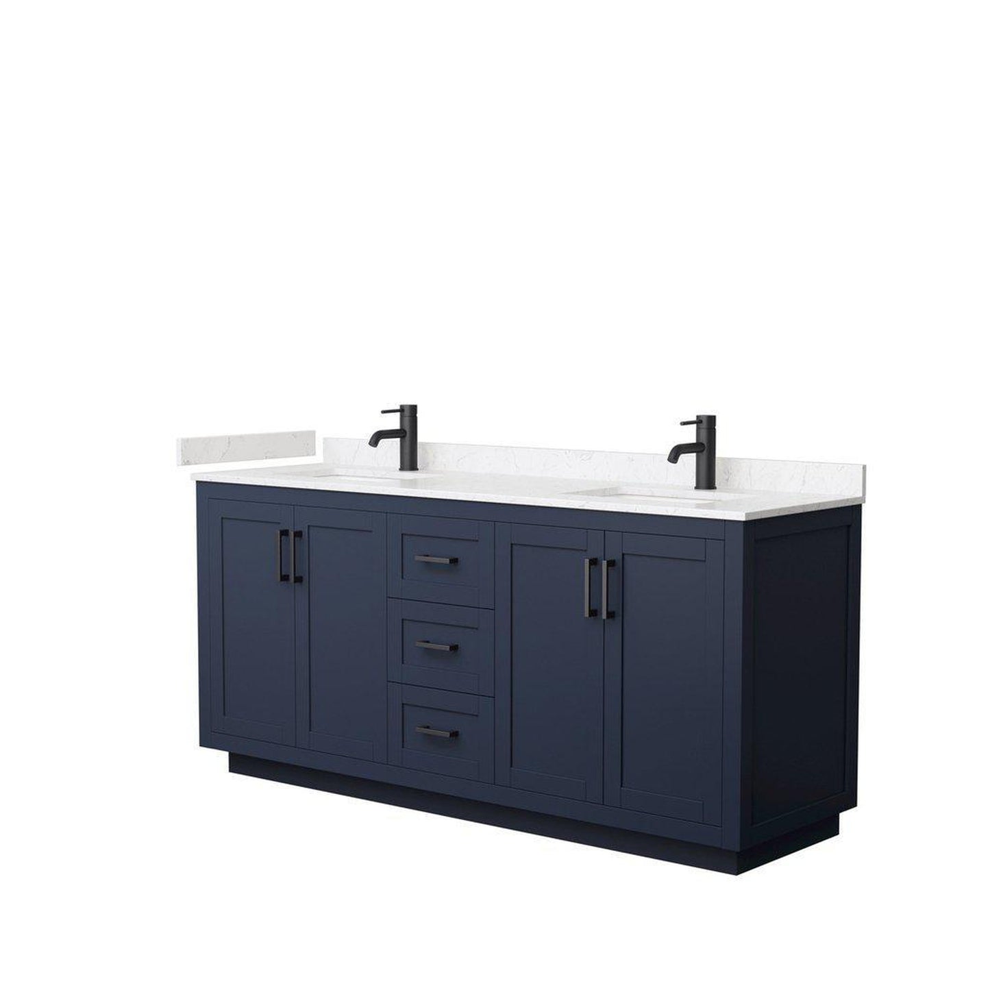 Wyndham Collection Miranda 72" Double Bathroom Dark Blue Vanity Set With Light-Vein Carrara Cultured Marble Countertop, Undermount Square Sink, And Matte Black Trim