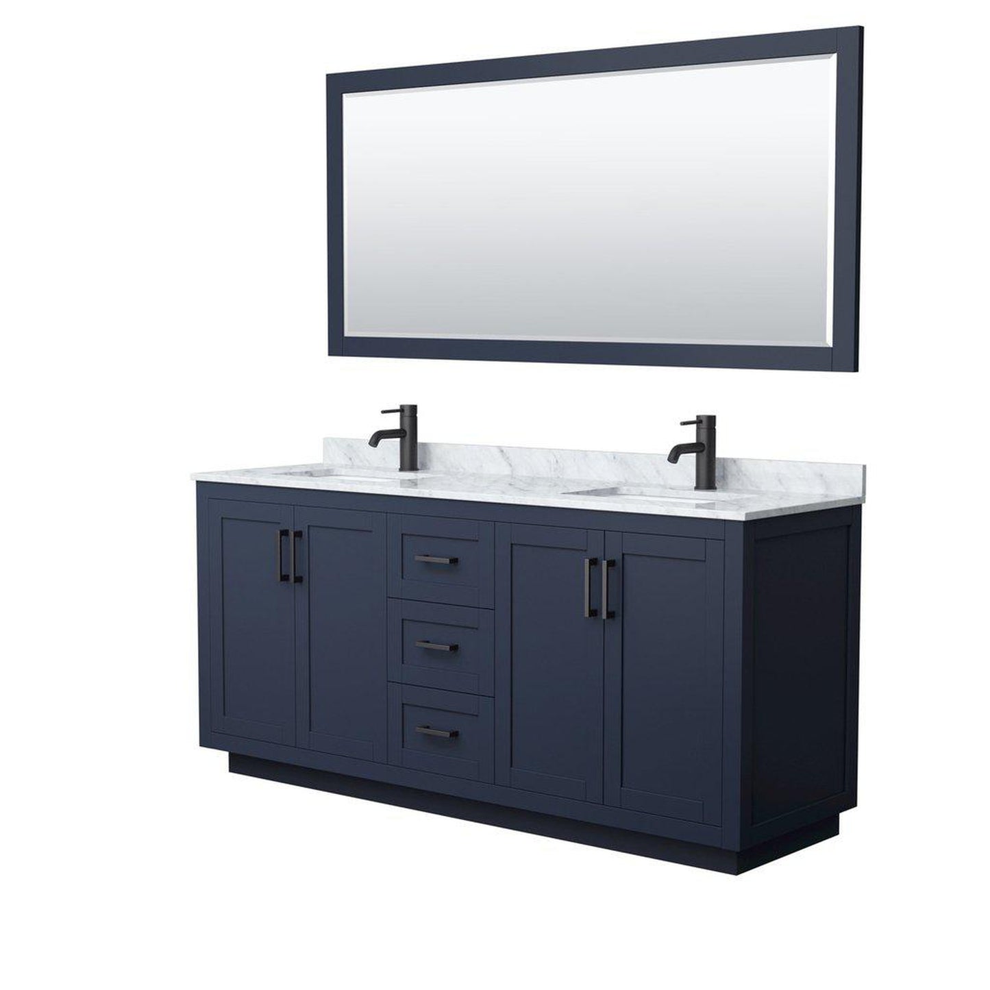 Wyndham Collection Miranda 72" Double Bathroom Dark Blue Vanity Set With White Carrara Marble Countertop, Undermount Square Sink, 70" Mirror And Matte Black Trim