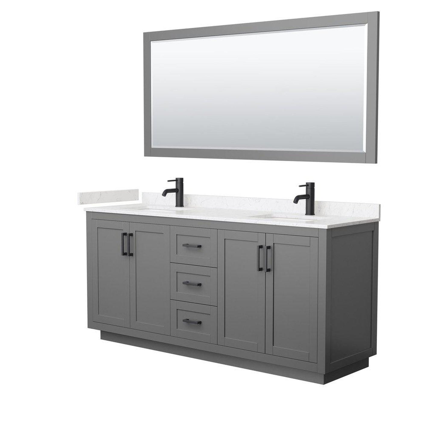 Wyndham Collection Miranda 72" Double Bathroom Dark Gray Vanity Set With Light-Vein Carrara Cultured Marble Countertop, Undermount Square Sink, 70" Mirror And Matte Black Trim