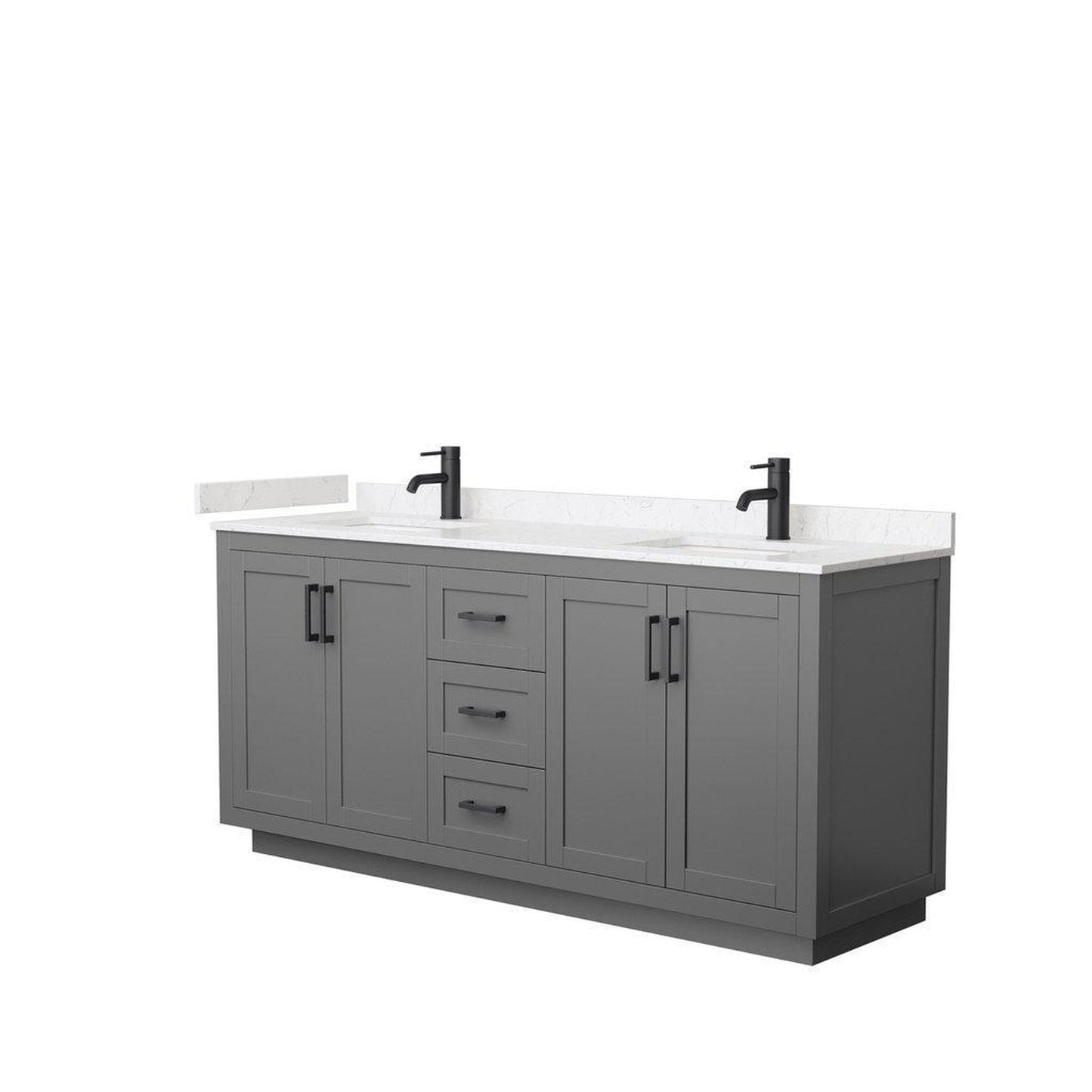 Wyndham Collection Miranda 72" Double Bathroom Dark Gray Vanity Set With Light-Vein Carrara Cultured Marble Countertop, Undermount Square Sink, And Matte Black Trim