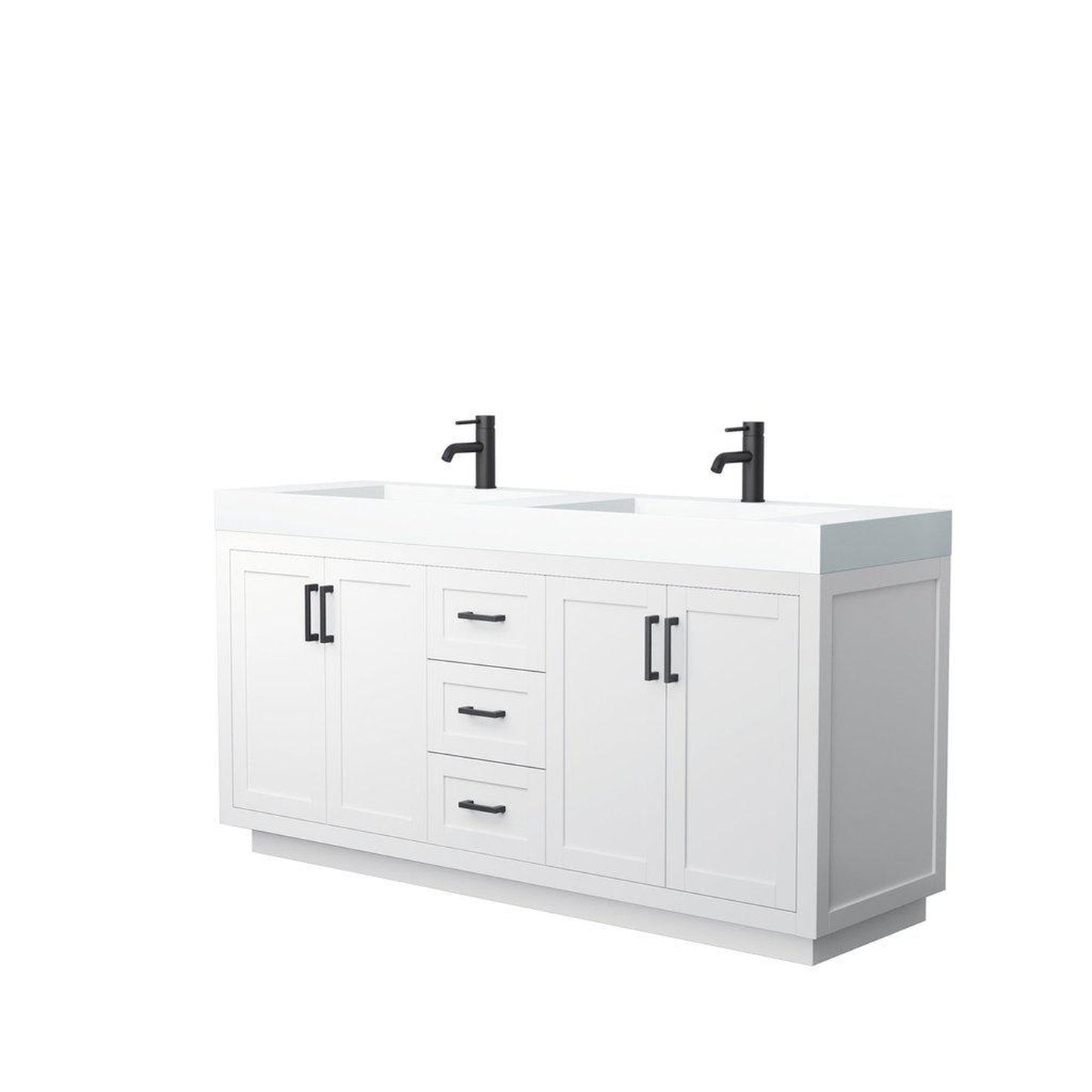 Wyndham Collection Miranda 72" Double Bathroom White Vanity Set With 4" Thick Matte White Solid Surface Countertop, Integrated Sink, And Matte Black Trim