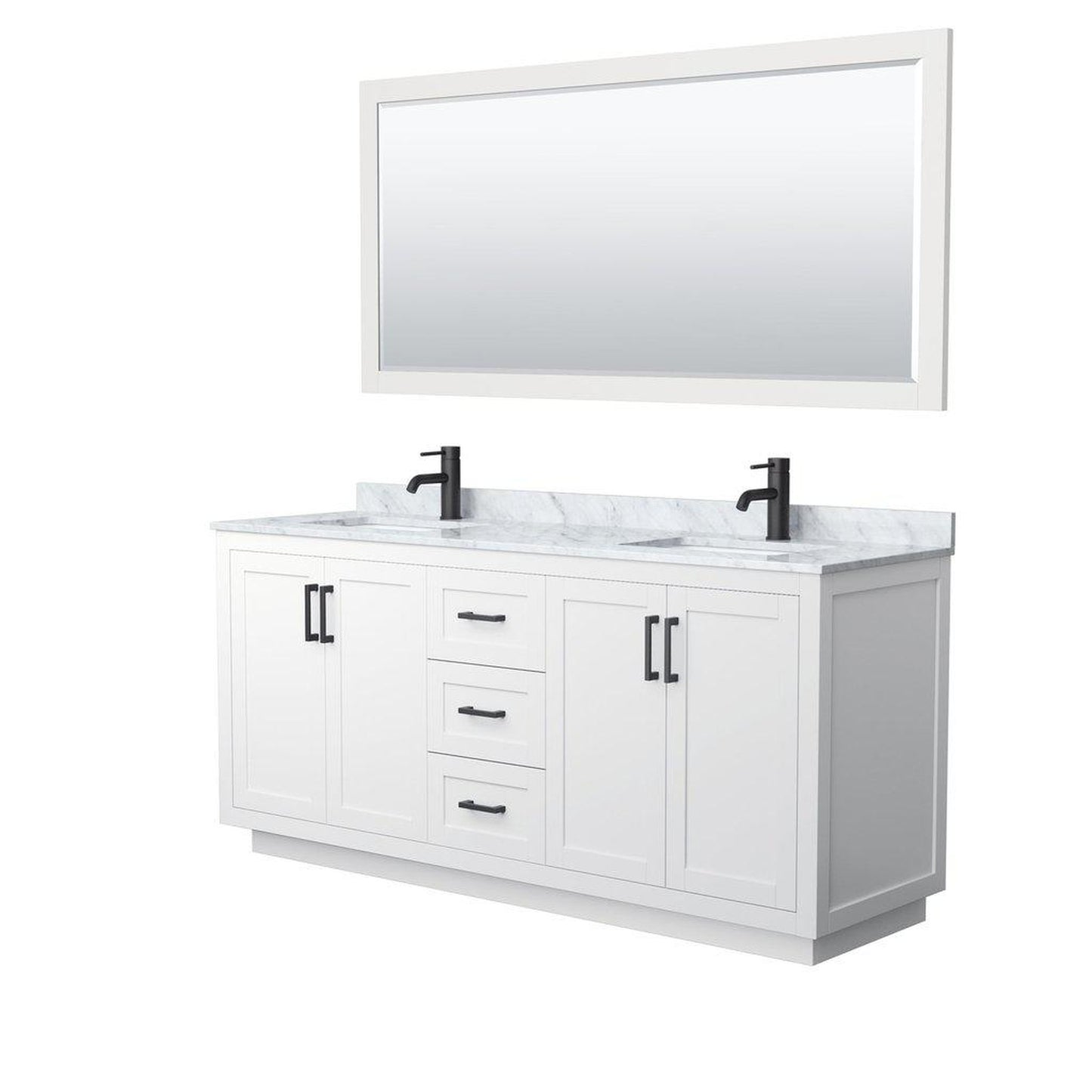 Wyndham Collection Miranda 72" Double Bathroom White Vanity Set With White Carrara Marble Countertop, Undermount Square Sink, 70" Mirror And Matte Black Trim