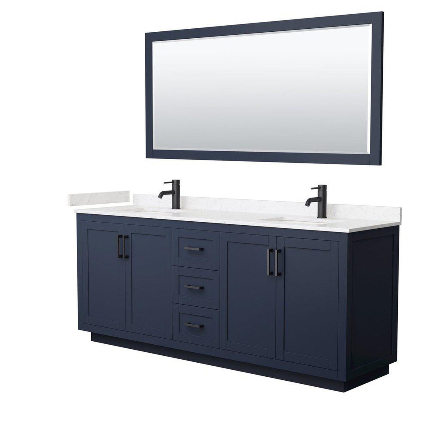 Wyndham Collection Miranda 80" Double Bathroom Dark Blue Vanity Set With Light-Vein Carrara Cultured Marble Countertop, Undermount Square Sink, 70" Mirror And Matte Black Trim