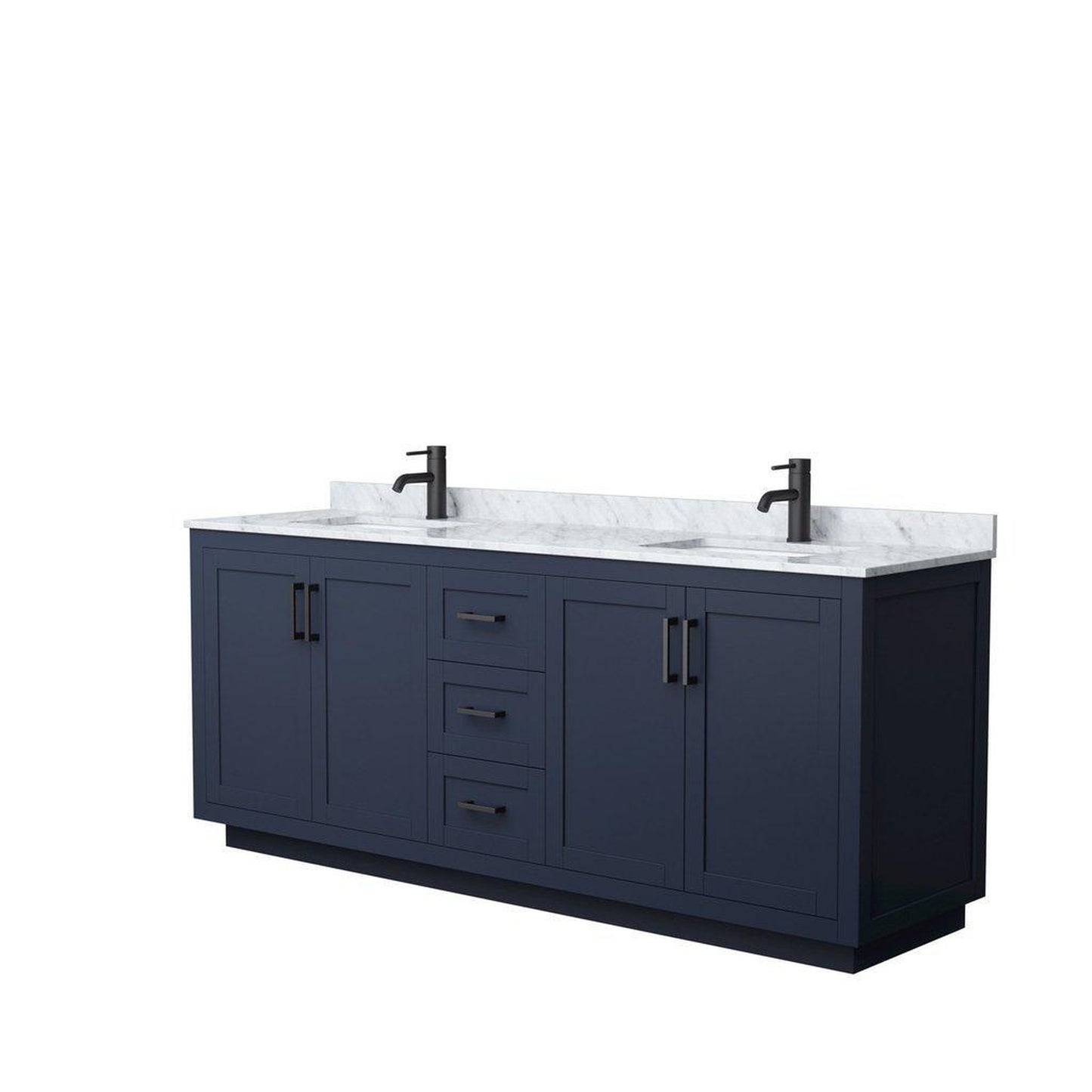 Wyndham Collection Miranda 80" Double Bathroom Dark Blue Vanity Set With White Carrara Marble Countertop, Undermount Square Sink, And Matte Black Trim