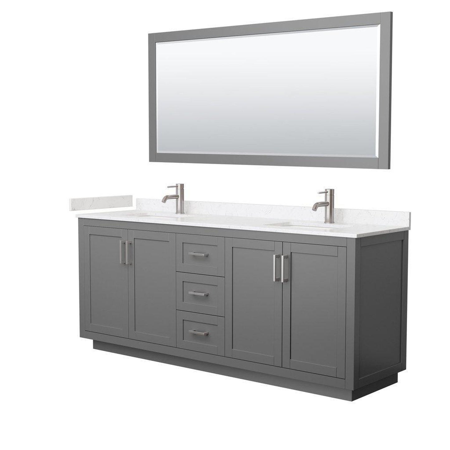 Wyndham Collection Miranda 80" Double Bathroom Dark Gray Vanity Set With Light-Vein Carrara Cultured Marble Countertop, Undermount Square Sink, 70" Mirror And Brushed Nickel Trim