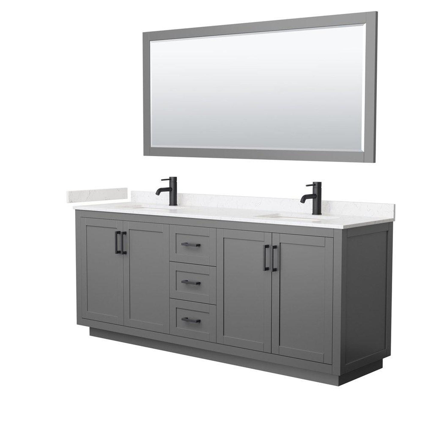 Wyndham Collection Miranda 80" Double Bathroom Dark Gray Vanity Set With Light-Vein Carrara Cultured Marble Countertop, Undermount Square Sink, 70" Mirror And Matte Black Trim