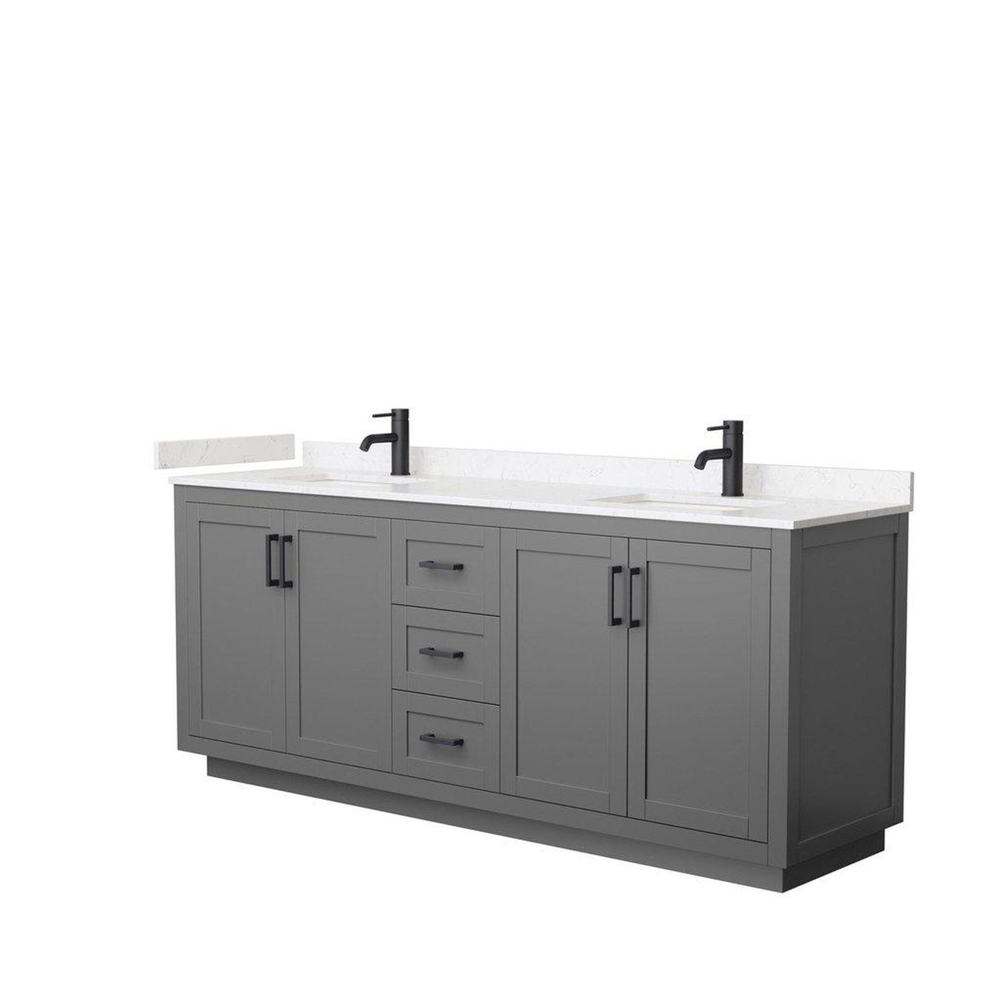 Wyndham Collection Miranda 80" Double Bathroom Dark Gray Vanity Set With Light-Vein Carrara Cultured Marble Countertop, Undermount Square Sink, And Matte Black Trim