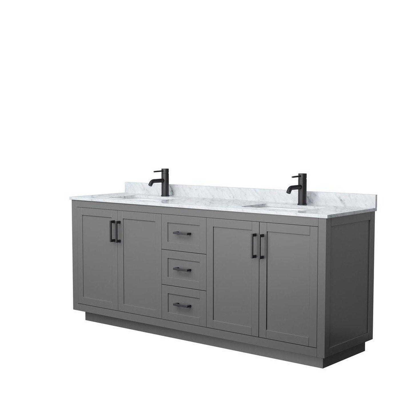 Wyndham Collection Miranda 80" Double Bathroom Dark Gray Vanity Set With White Carrara Marble Countertop, Undermount Square Sink, And Matte Black Trim