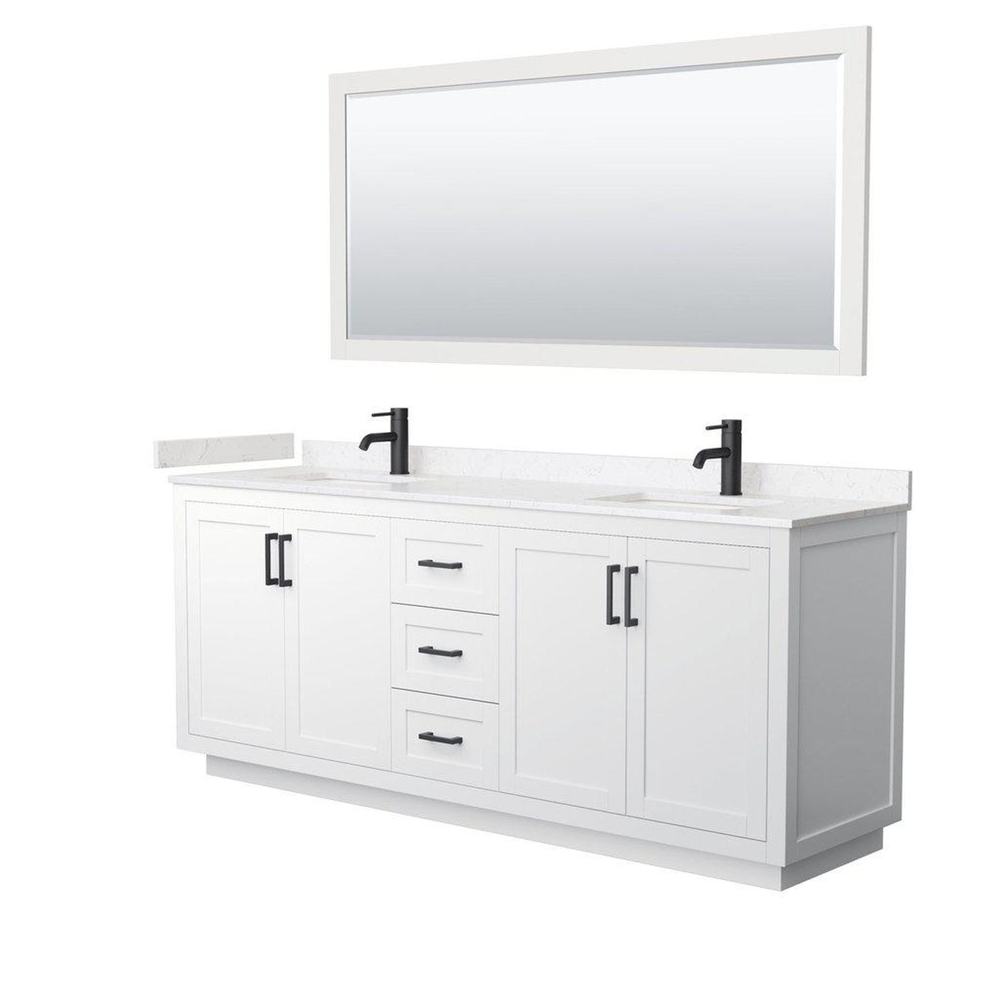 Wyndham Collection Miranda 80" Double Bathroom White Vanity Set With Light-Vein Carrara Cultured Marble Countertop, Undermount Square Sink, 70" Mirror And Matte Black Trim