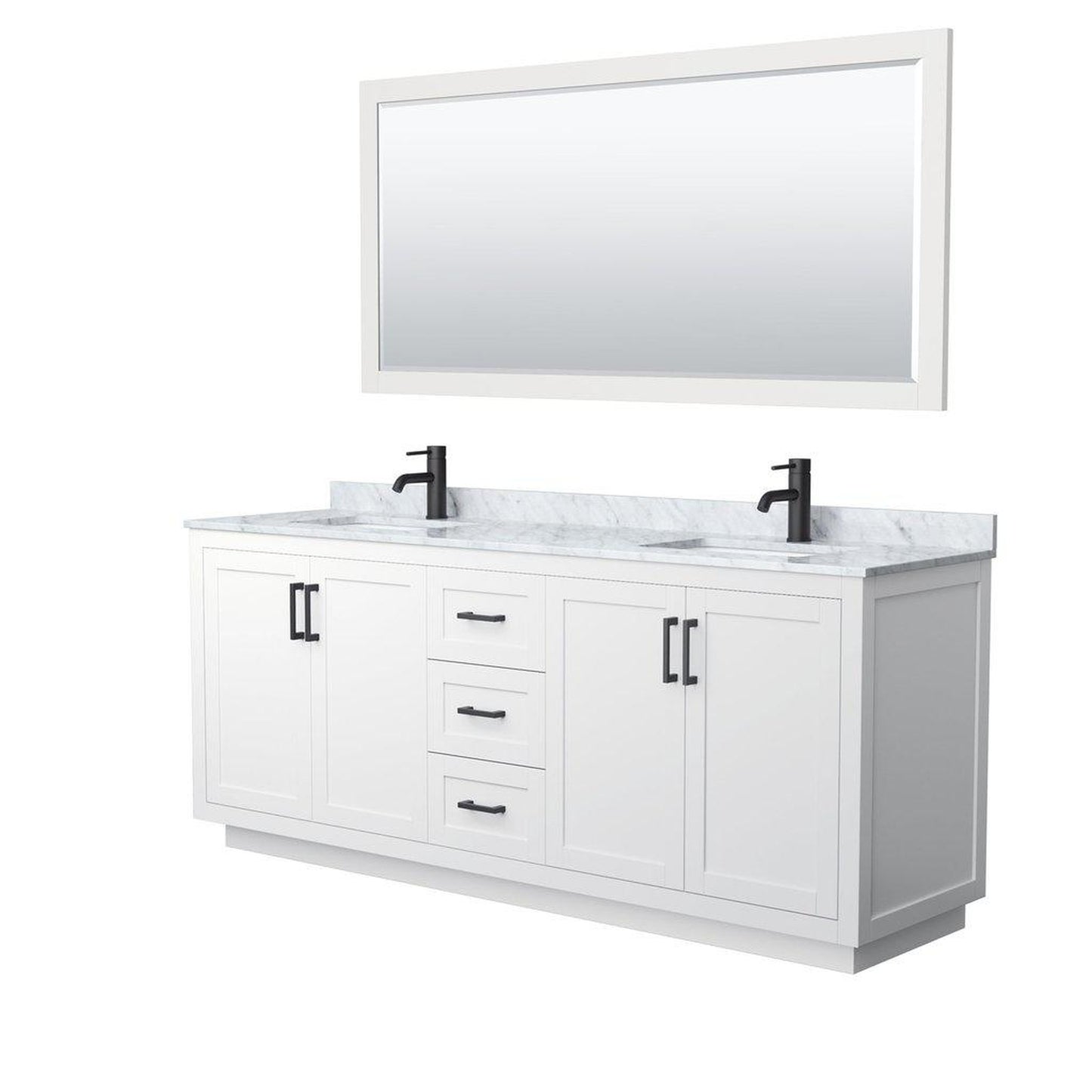 Wyndham Collection Miranda 80" Double Bathroom White Vanity Set With White Carrara Marble Countertop, Undermount Square Sink, 70" Mirror And Matte Black Trim