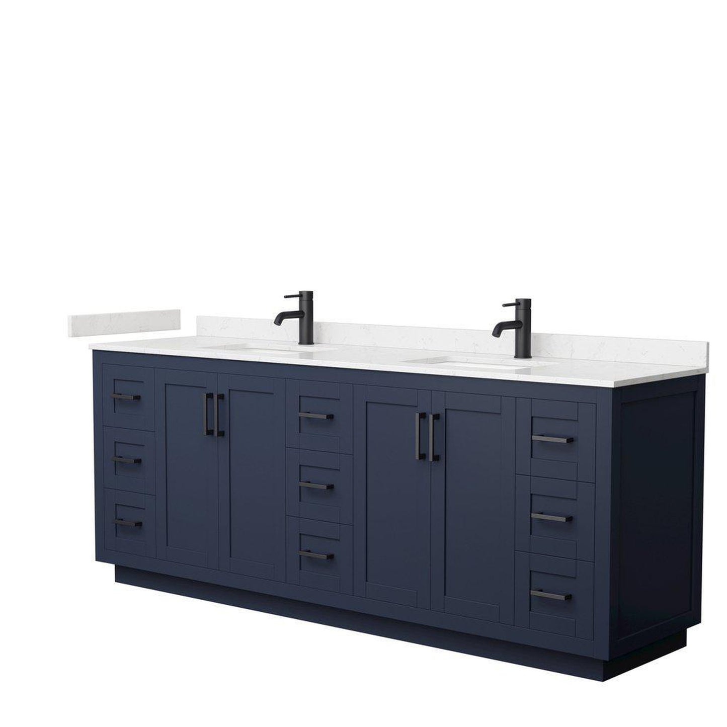Wyndham Collection Miranda 84" Double Bathroom Dark Blue Vanity Set With Light-Vein Carrara Cultured Marble Countertop, Undermount Square Sink, And Matte Black Trim