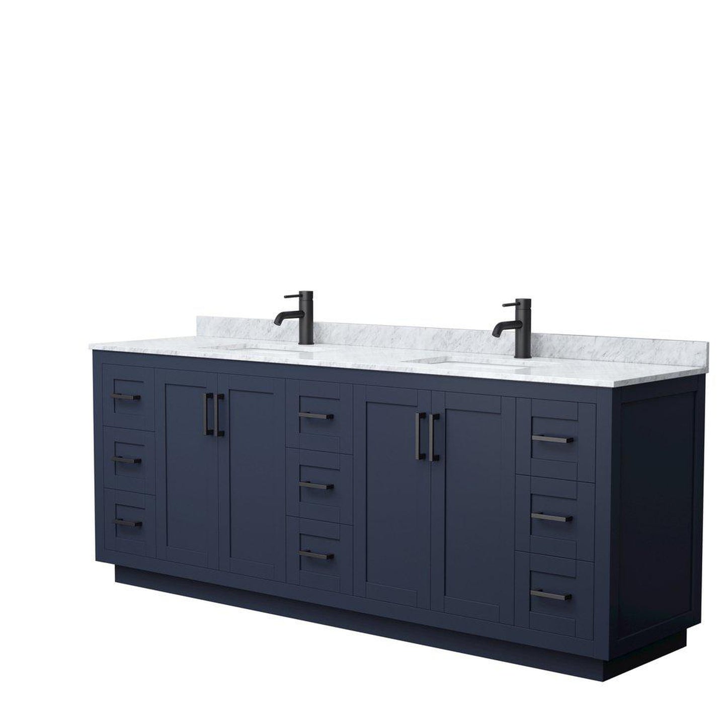 Wyndham Collection Miranda 84" Double Bathroom Dark Blue Vanity Set With White Carrara Marble Countertop, Undermount Square Sink, And Matte Black Trim