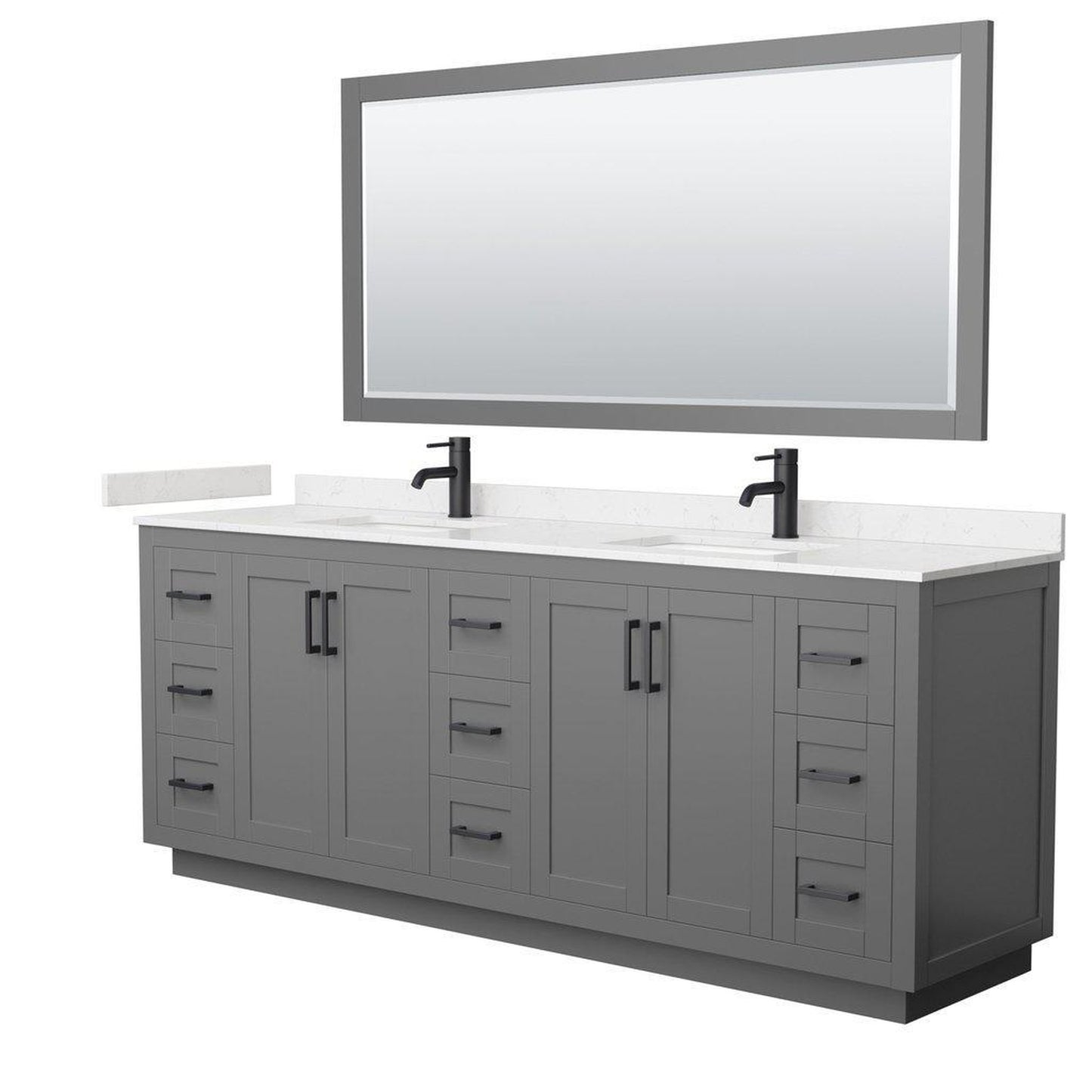 Wyndham Collection Miranda 84" Double Bathroom Dark Gray Vanity Set With Light-Vein Carrara Cultured Marble Countertop, Undermount Square Sink, 70" Mirror And Matte Black Trim